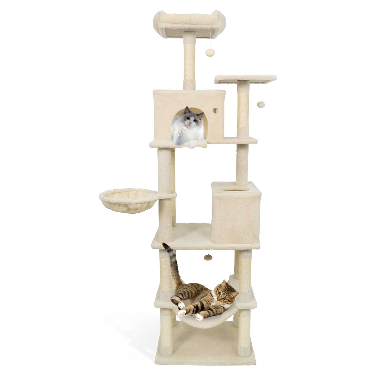 80 Inches Tall Cat Tree with 2 Large Condos and Dangling Toys-Beige-Cat Trees & Scratchers-DECOROLALA
