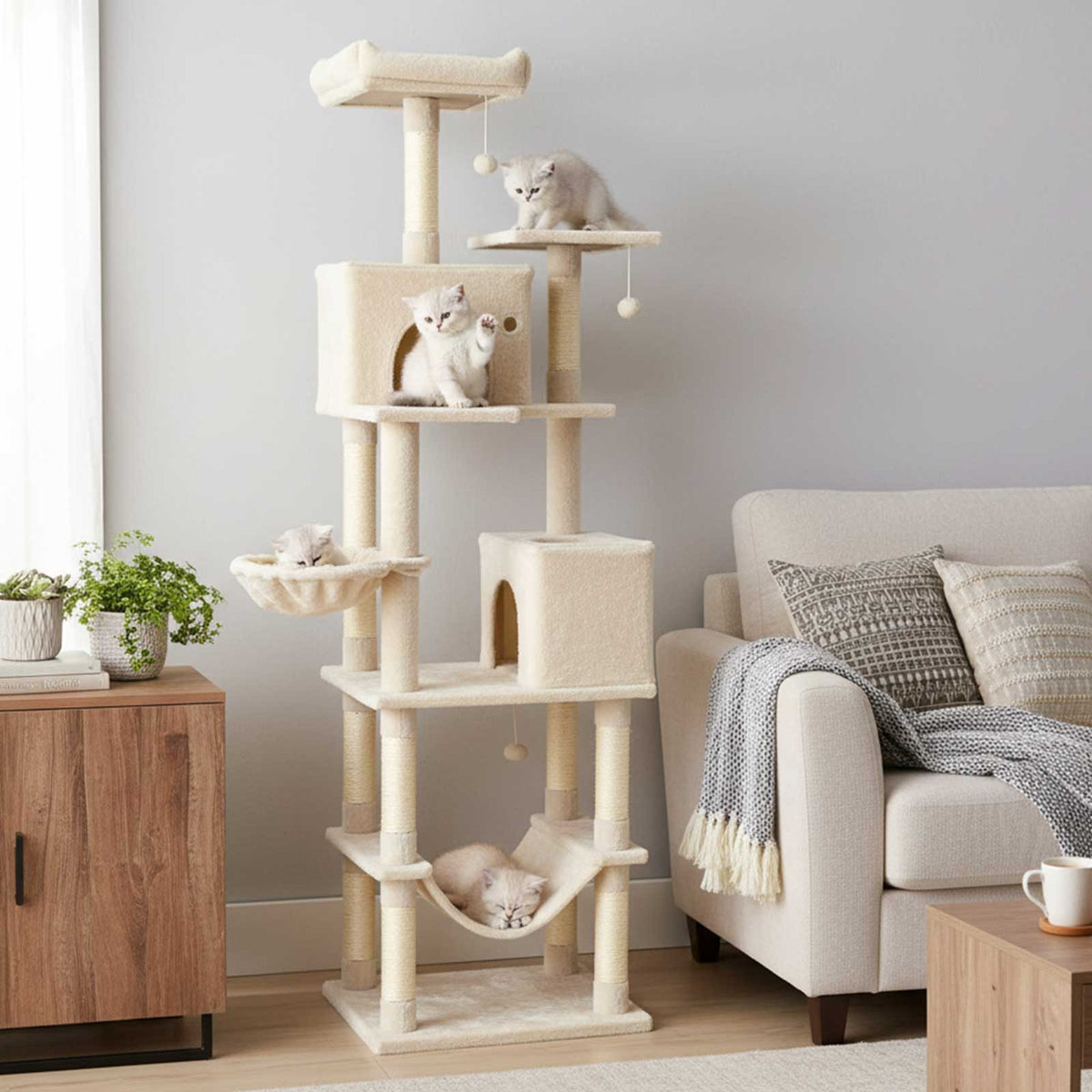 80 Inches Tall Cat Tree with 2 Large Condos and Dangling Toys-Beige-Cat Trees & Scratchers-DECOROLALA
