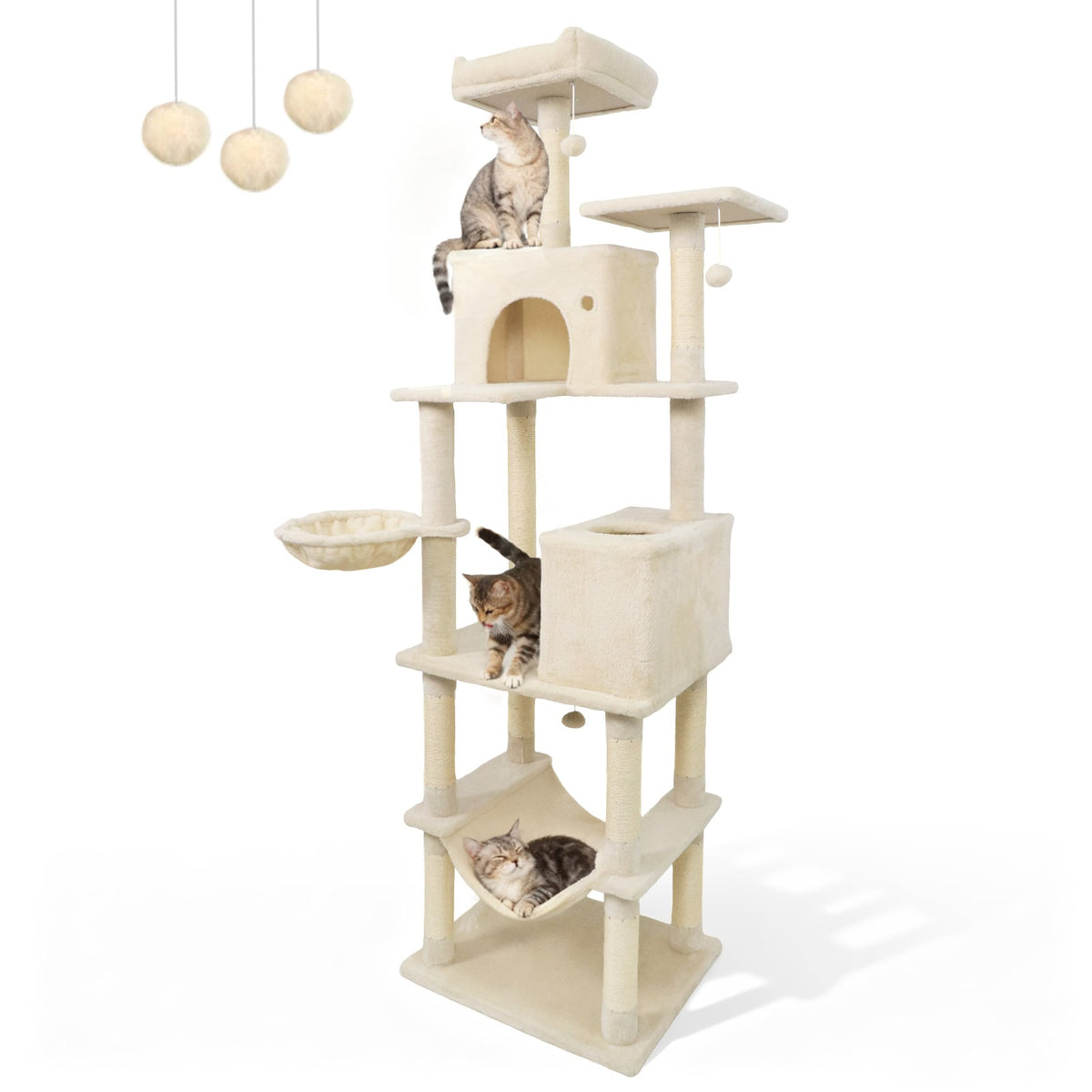 80 Inches Tall Cat Tree with 2 Large Condos and Dangling Toys-Beige-Cat Trees & Scratchers-DECOROLALA