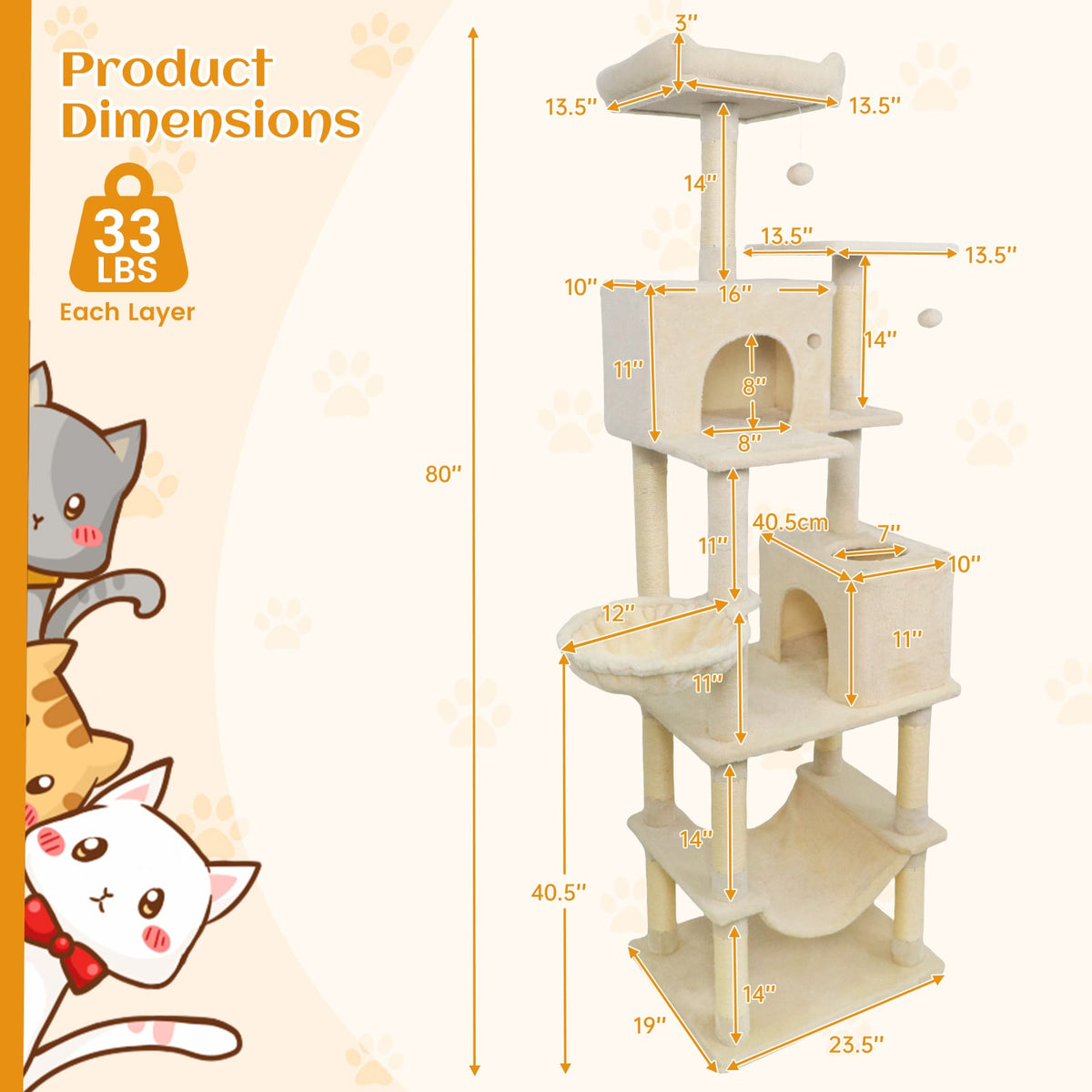 80 Inches Tall Cat Tree with 2 Large Condos and Dangling Toys-Beige-Cat Trees & Scratchers-DECOROLALA