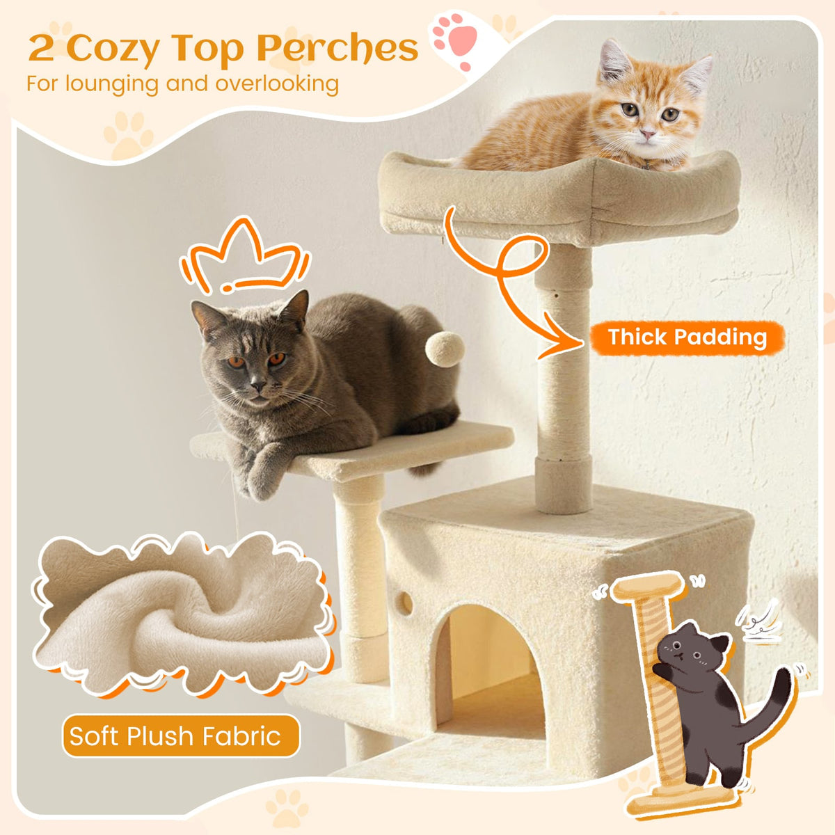80 Inches Tall Cat Tree with 2 Large Condos and Dangling Toys-Beige-Cat Trees & Scratchers-DECOROLALA