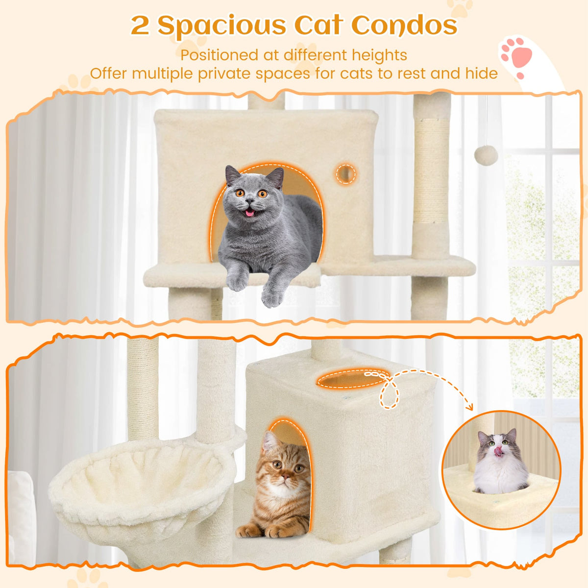 80 Inches Tall Cat Tree with 2 Large Condos and Dangling Toys-Beige-Cat Trees & Scratchers-DECOROLALA