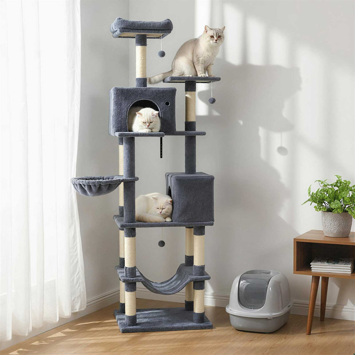 80 Inches Tall Cat Tree with 2 Large Condos and Dangling Toys-Dark Gray-Cat Trees & Scratchers-DECOROLALA