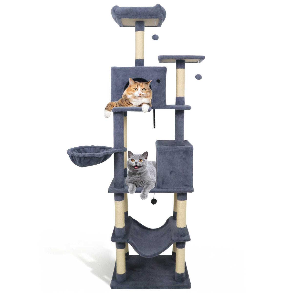 80 Inches Tall Cat Tree with 2 Large Condos and Dangling Toys-Dark Gray-Cat Trees & Scratchers-DECOROLALA
