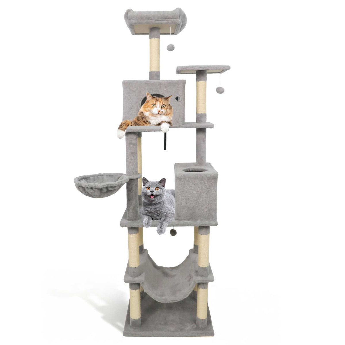 80 Inches Tall Cat Tree with 2 Large Condos and Dangling Toys-Light Gray-Cat Trees & Scratchers-DECOROLALA