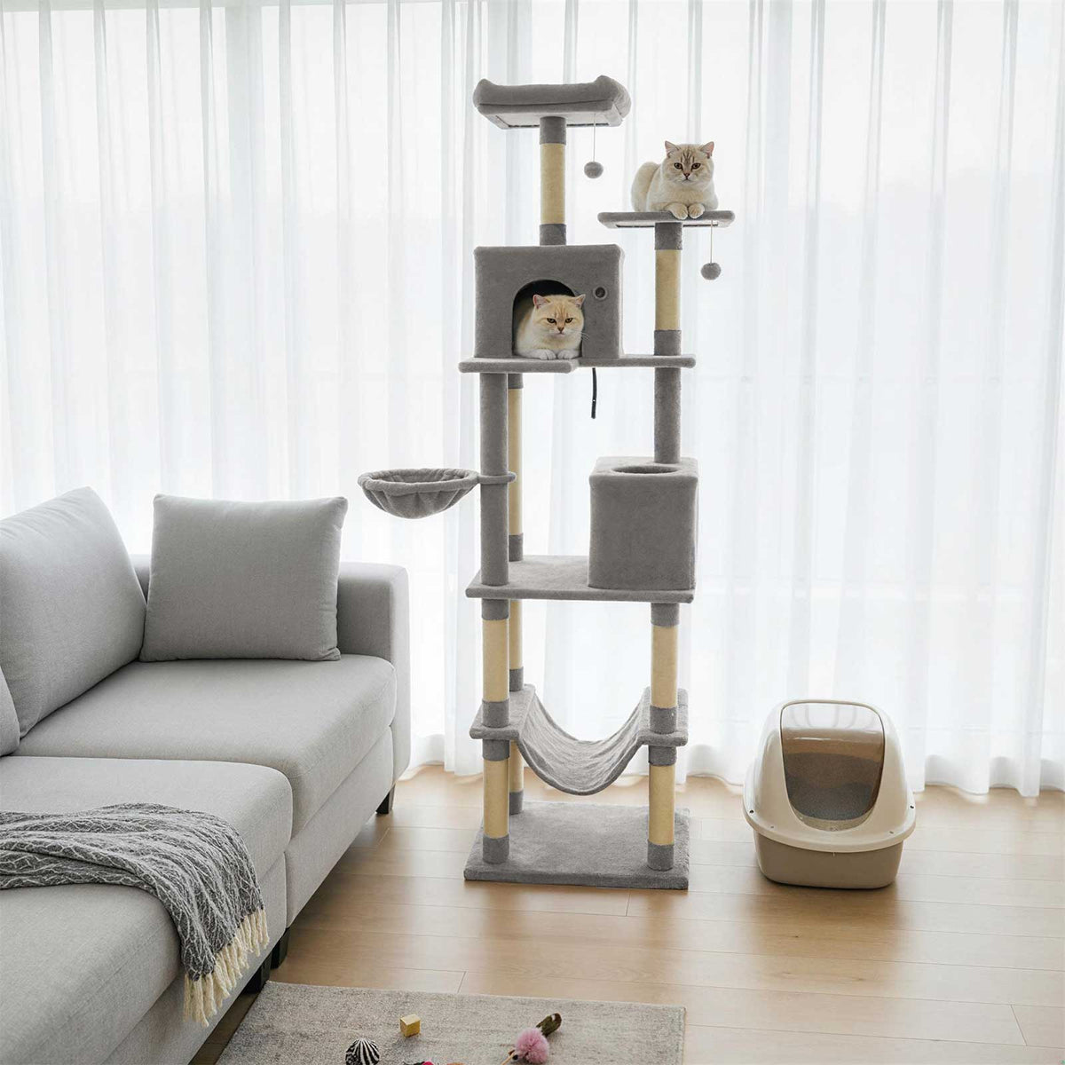80 Inches Tall Cat Tree with 2 Large Condos and Dangling Toys-Light Gray-Cat Trees & Scratchers-DECOROLALA