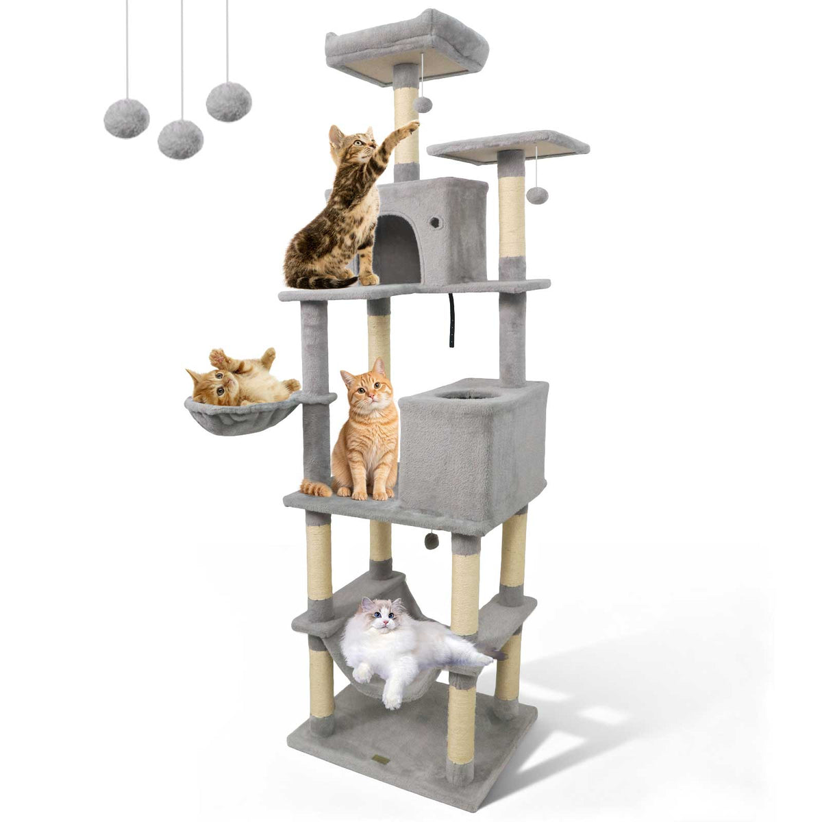 80 Inches Tall Cat Tree with 2 Large Condos and Dangling Toys-Light Gray-Cat Trees & Scratchers-DECOROLALA