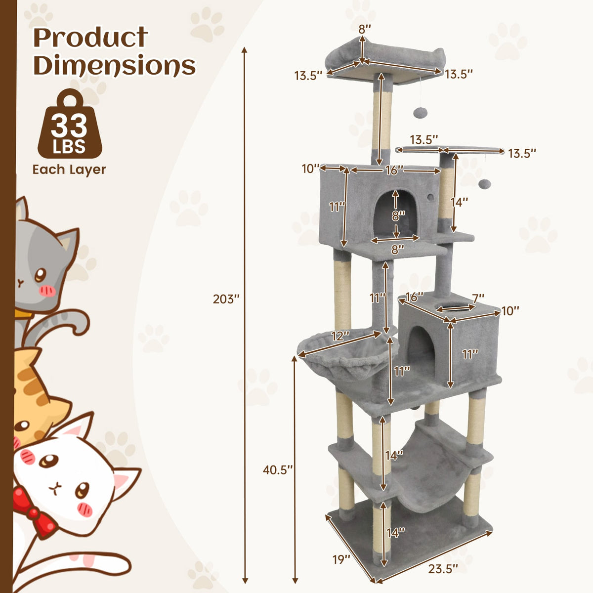 80 Inches Tall Cat Tree with 2 Large Condos and Dangling Toys-Light Gray-Cat Trees & Scratchers-DECOROLALA