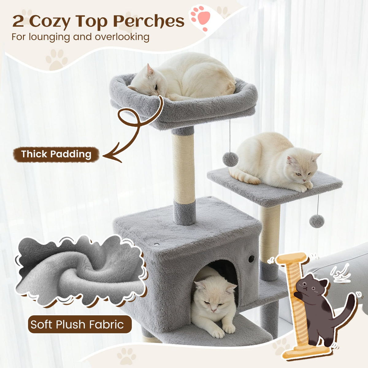 80 Inches Tall Cat Tree with 2 Large Condos and Dangling Toys-Light Gray-Cat Trees & Scratchers-DECOROLALA