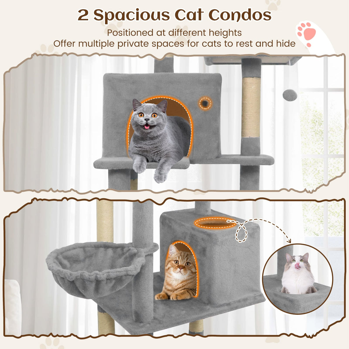 80 Inches Tall Cat Tree with 2 Large Condos and Dangling Toys-Light Gray-Cat Trees & Scratchers-DECOROLALA