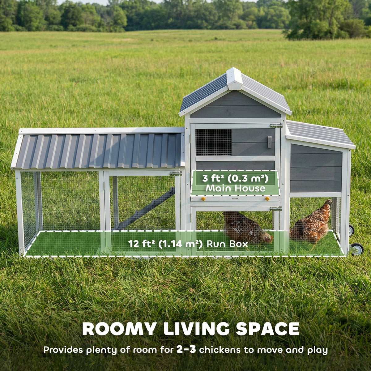 80" Mobile Wooden Chicken Coop with Wheels, Run & Nesting Box-Small Animals-DECOROLALA