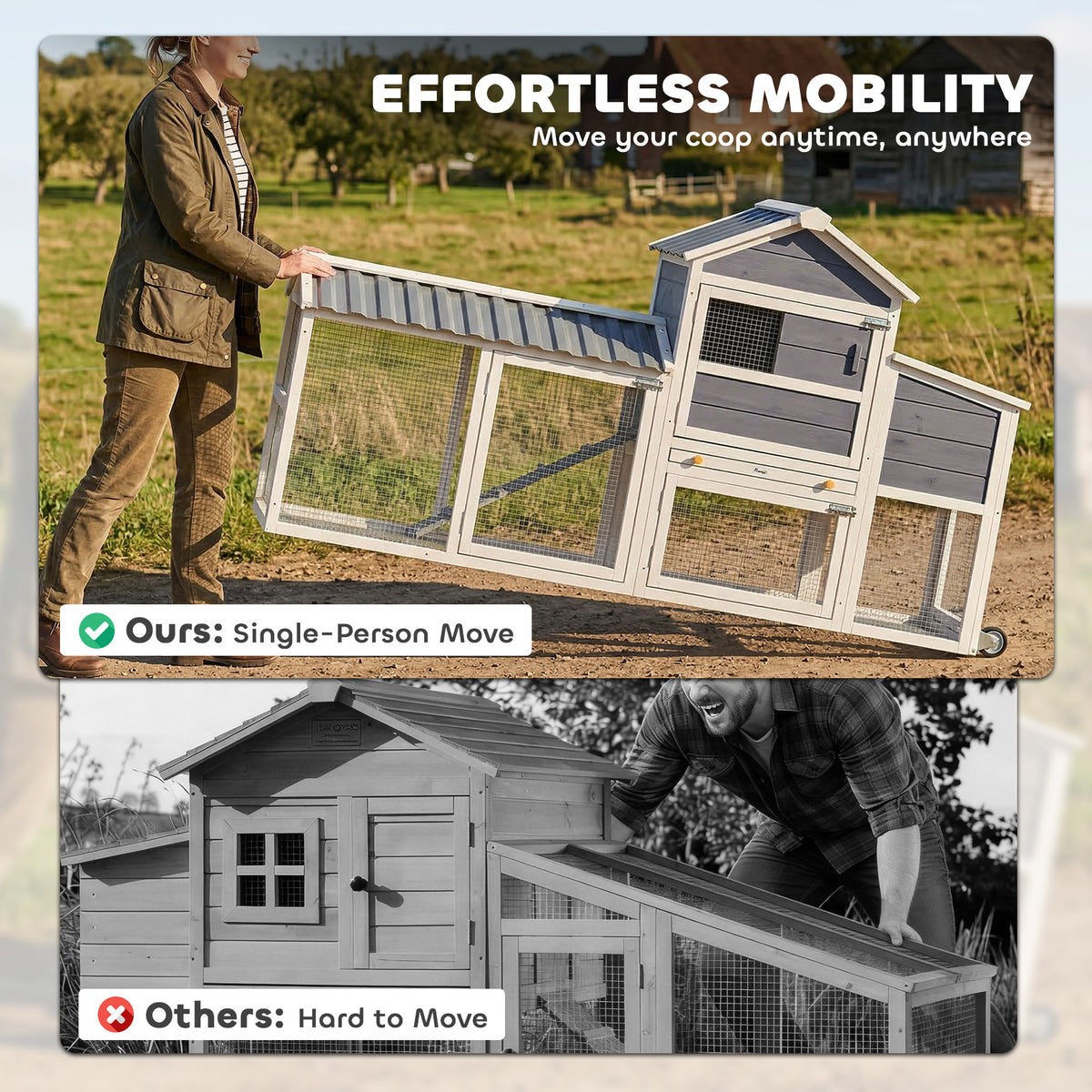 80" Mobile Wooden Chicken Coop with Wheels, Run & Nesting Box-Small Animals-DECOROLALA