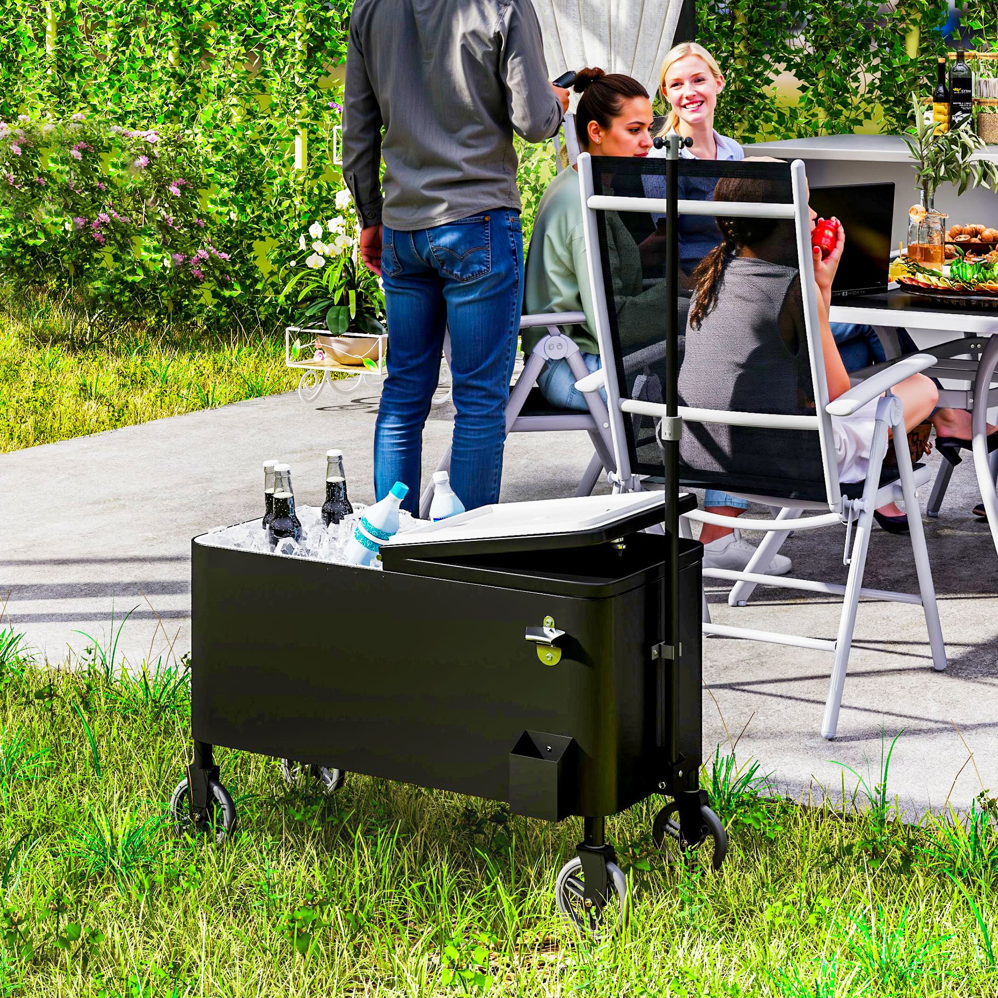 80-Qt Outdoor Patio Cooler Cart - Black Rolling Ice Chest-DECOROLALA