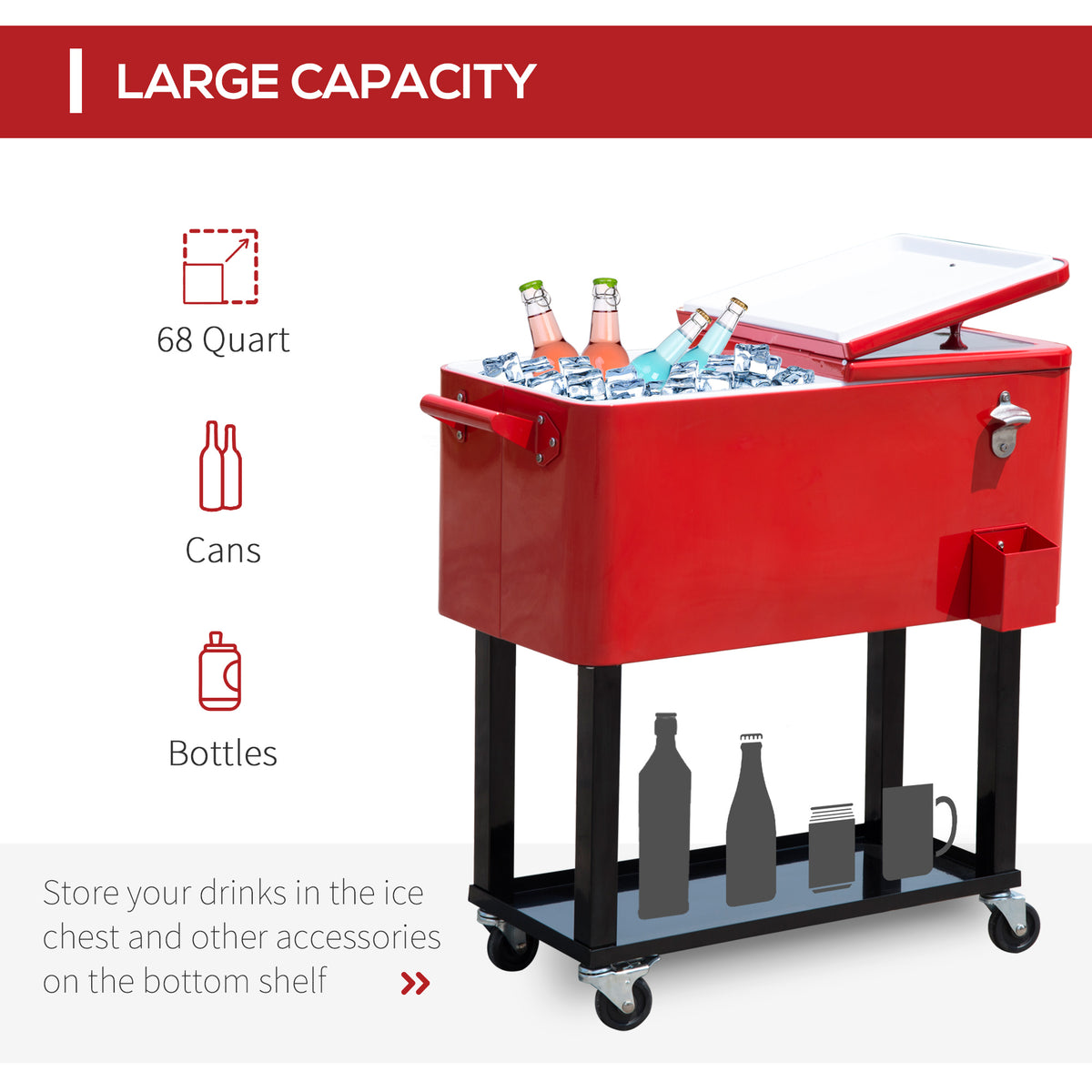 80 Quart Rolling Cooler Cart - Red Steel Patio Ice Bin-Coolers-DECOROLALA