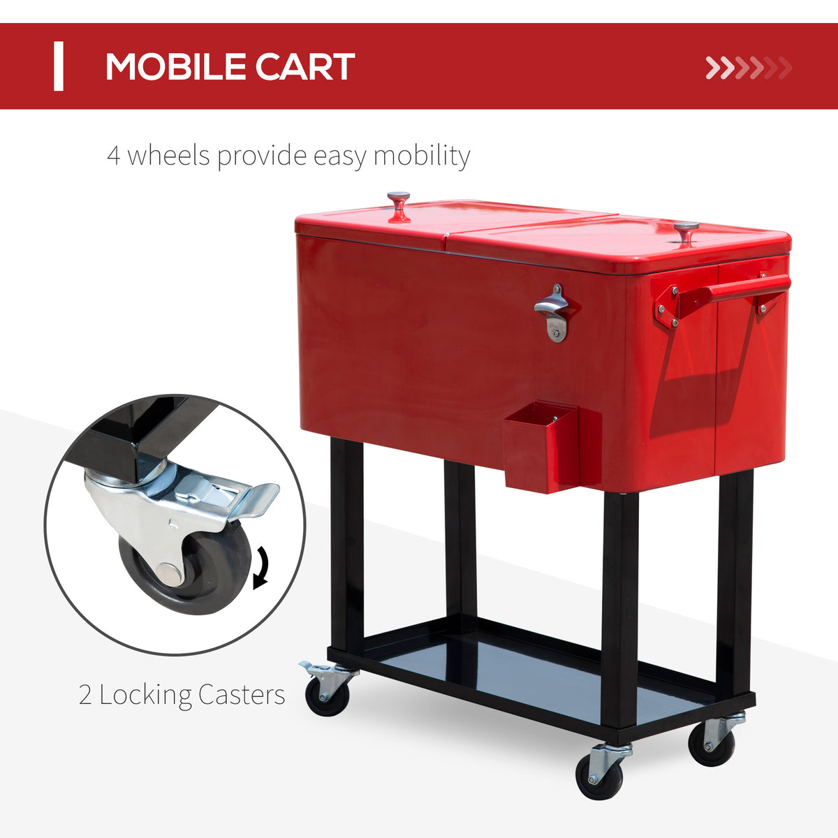 80 Quart Rolling Cooler Cart - Red Steel Patio Ice Bin-Coolers-DECOROLALA