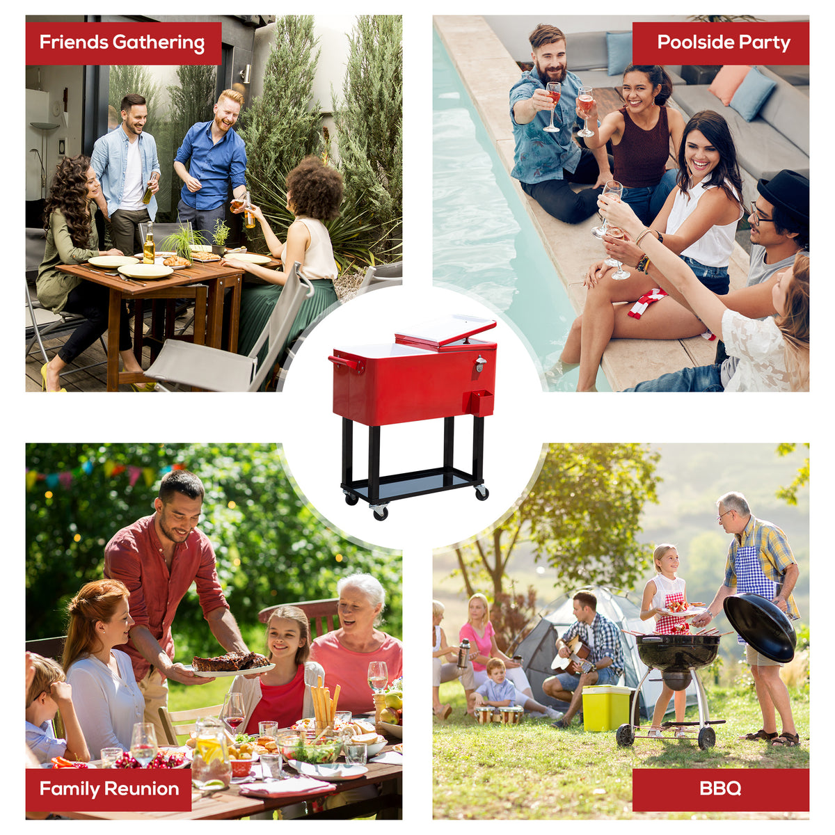 80 Quart Rolling Cooler Cart - Red Steel Patio Ice Bin-Coolers-DECOROLALA