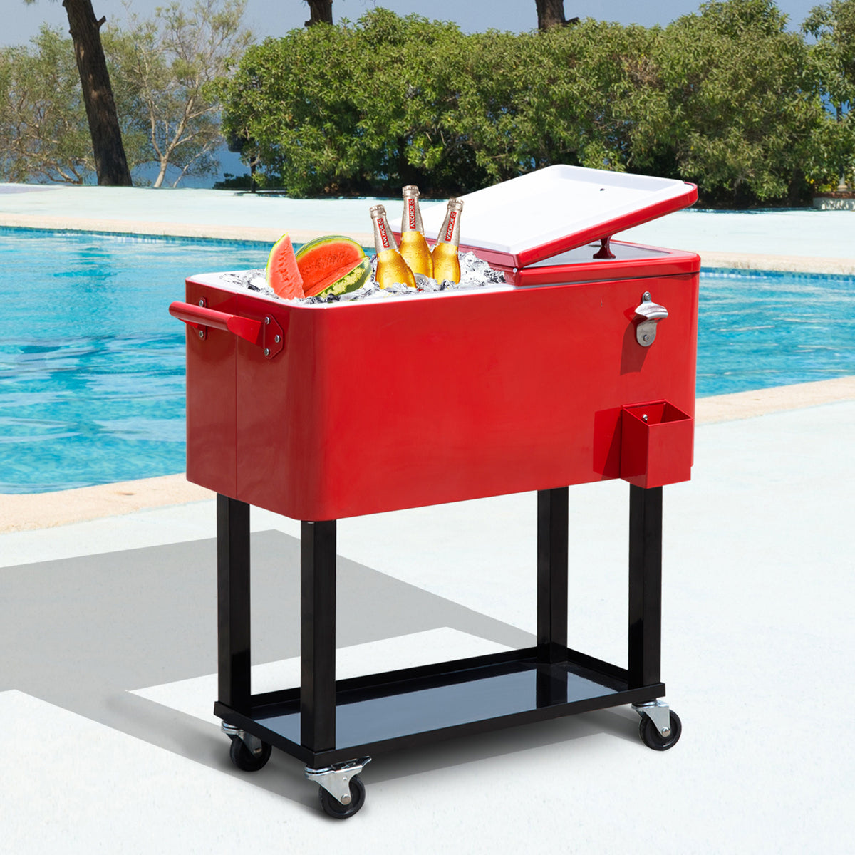 80 Quart Rolling Cooler Cart - Red Steel Patio Ice Bin-Coolers-DECOROLALA