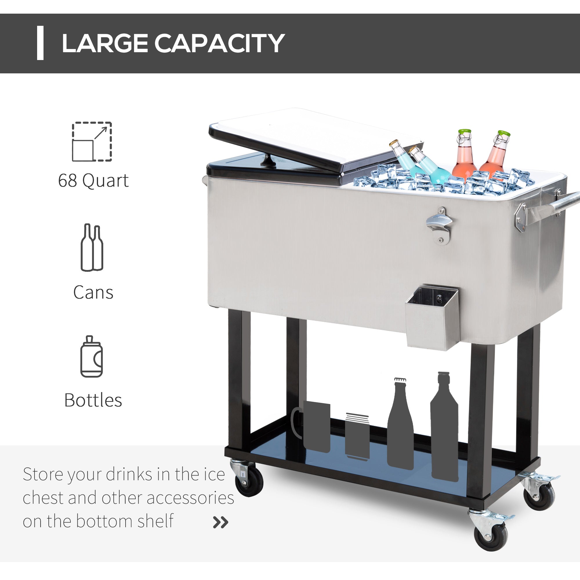 80 Quart Rolling Cooler Cart - Silver Outdoor Beverage Bin-DECOROLALA