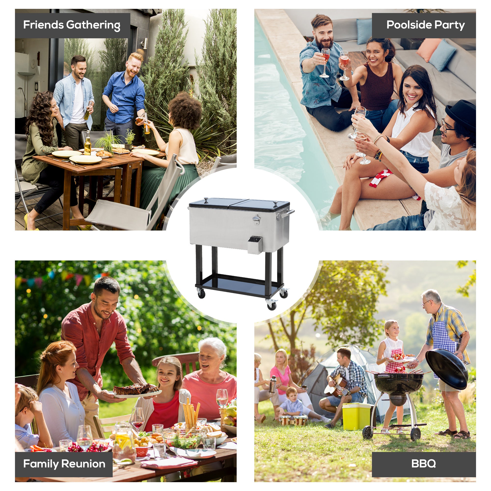 80 Quart Rolling Cooler Cart - Silver Outdoor Beverage Bin-DECOROLALA