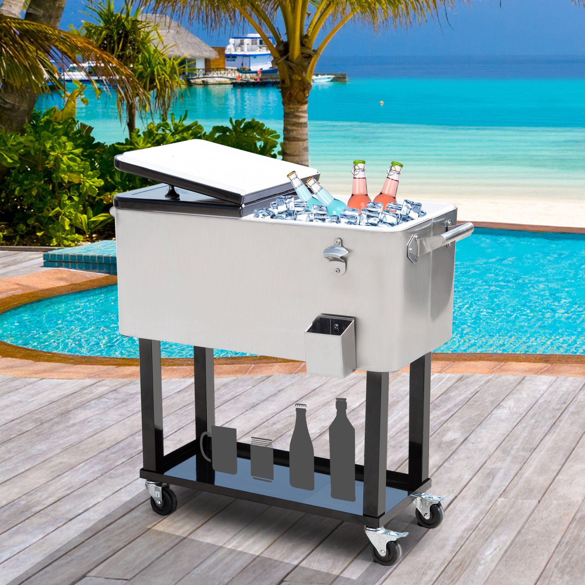 80 Quart Rolling Cooler Cart - Silver Outdoor Beverage Bin-DECOROLALA