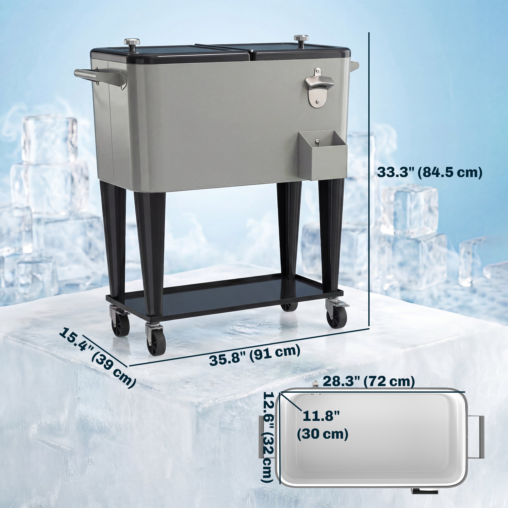 80 Quart Rolling Patio Cooler Cart - Black/Grey with Shelf-DECOROLALA