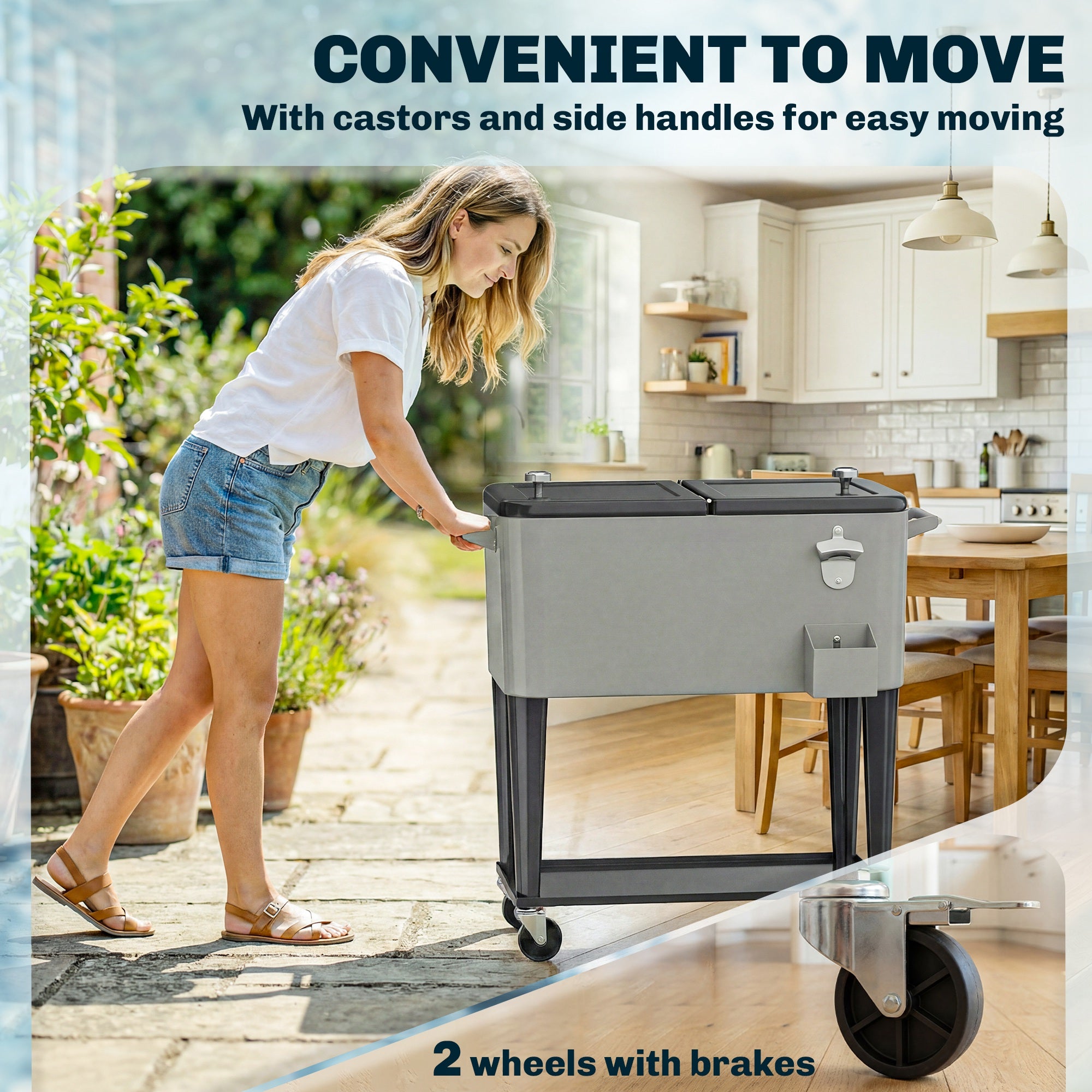 80 Quart Rolling Patio Cooler Cart - Black/Grey with Shelf-DECOROLALA