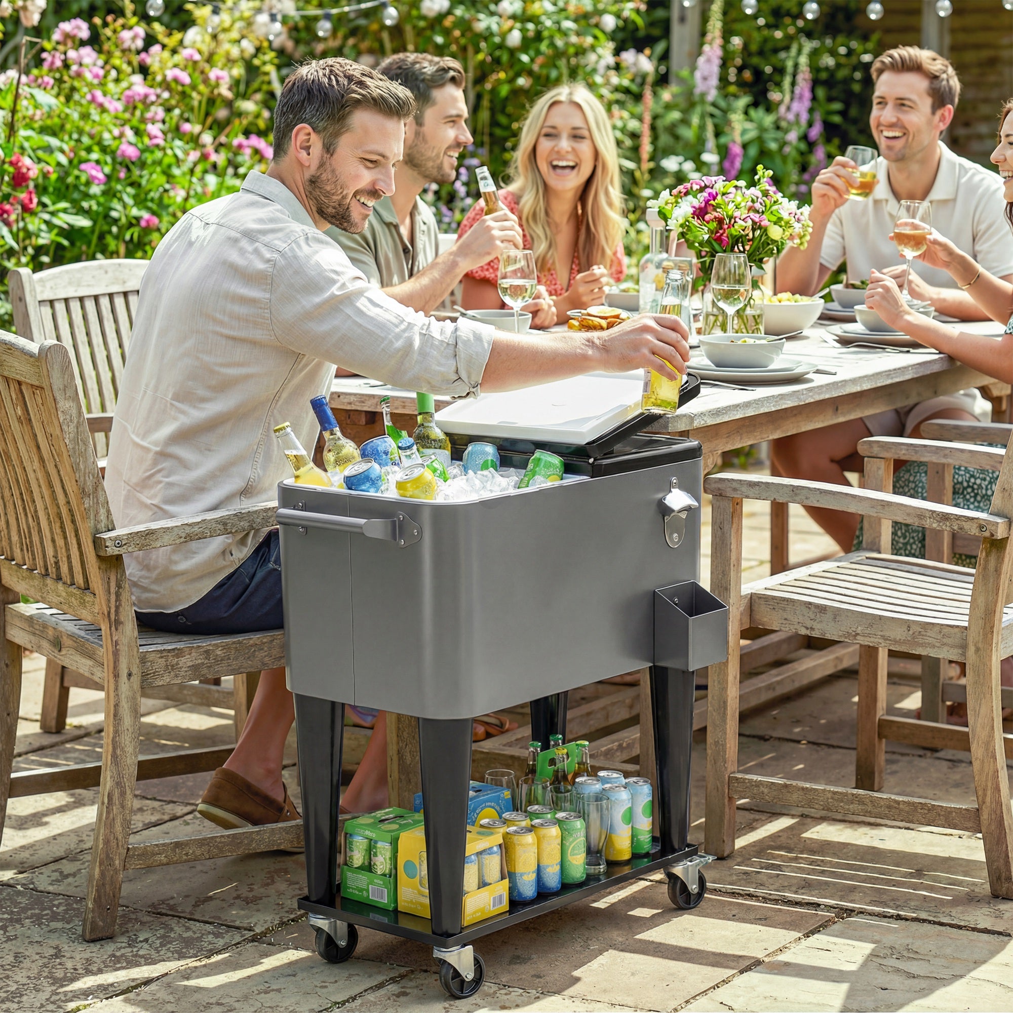 80 Quart Rolling Patio Cooler Cart - Black/Grey with Shelf-DECOROLALA