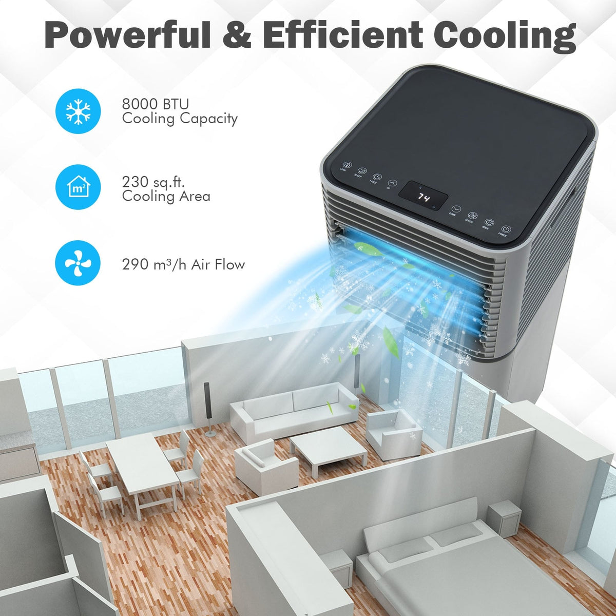 8000 BTU 3-in-1 Air Cooler with Dehumidifier and Fan Mode-Gray-Portable Air Conditioners-DECOROLALA