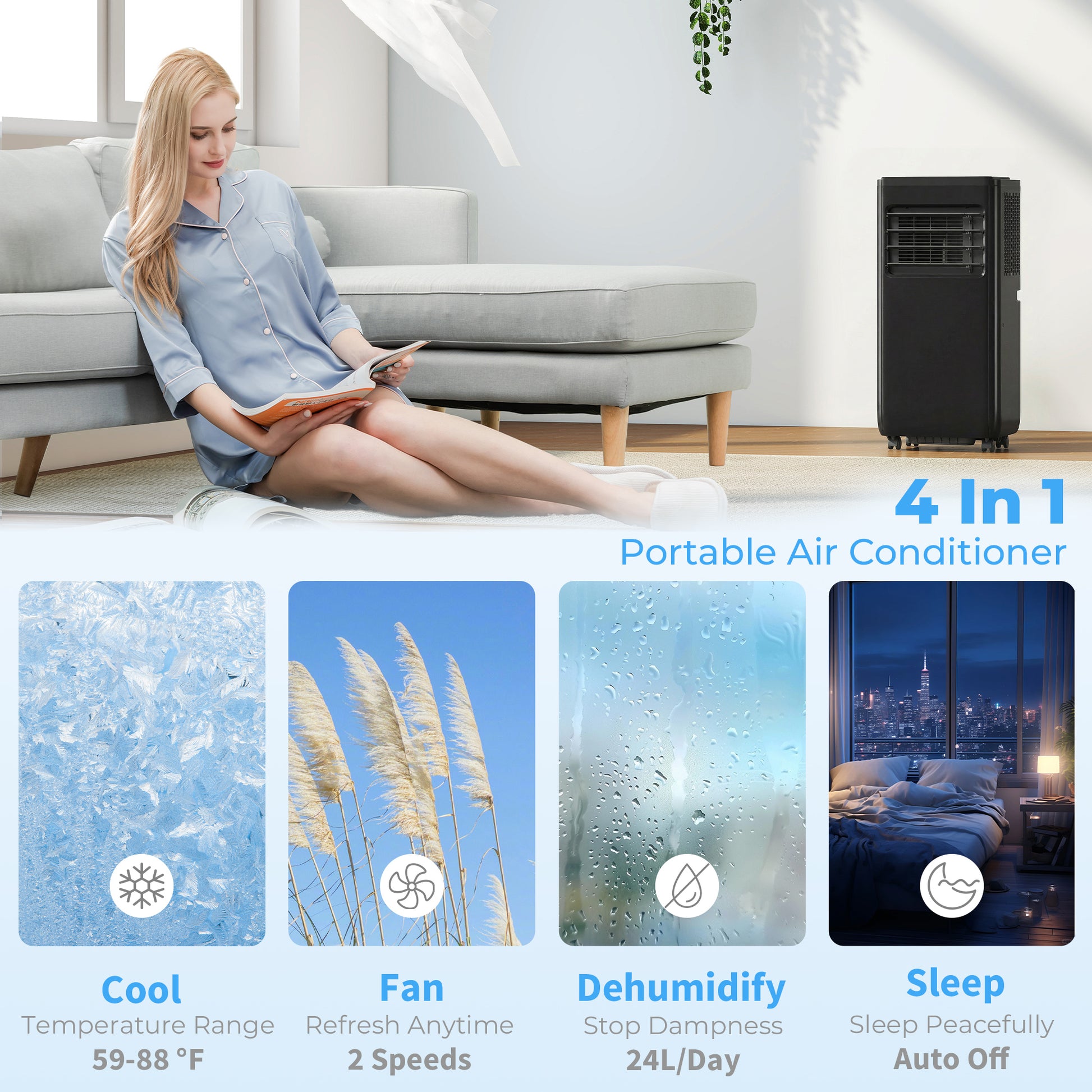 8000 BTU Portable 4-in-1 Air Conditioner - WiFi Black-Air Conditioner-DECOROLALA