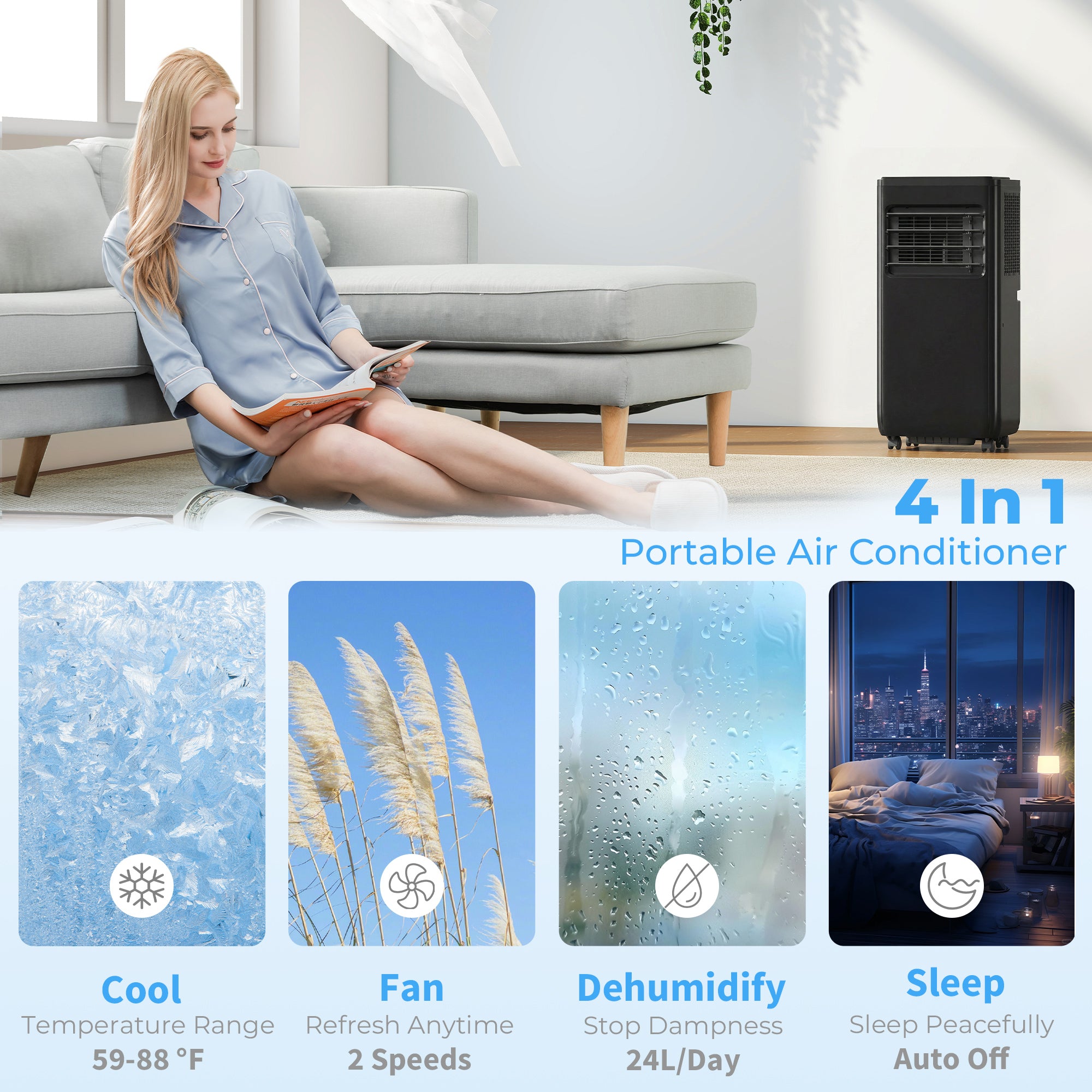 8000 BTU Portable 4-in-1 Air Conditioner - WiFi Black-Air Conditioner-DECOROLALA