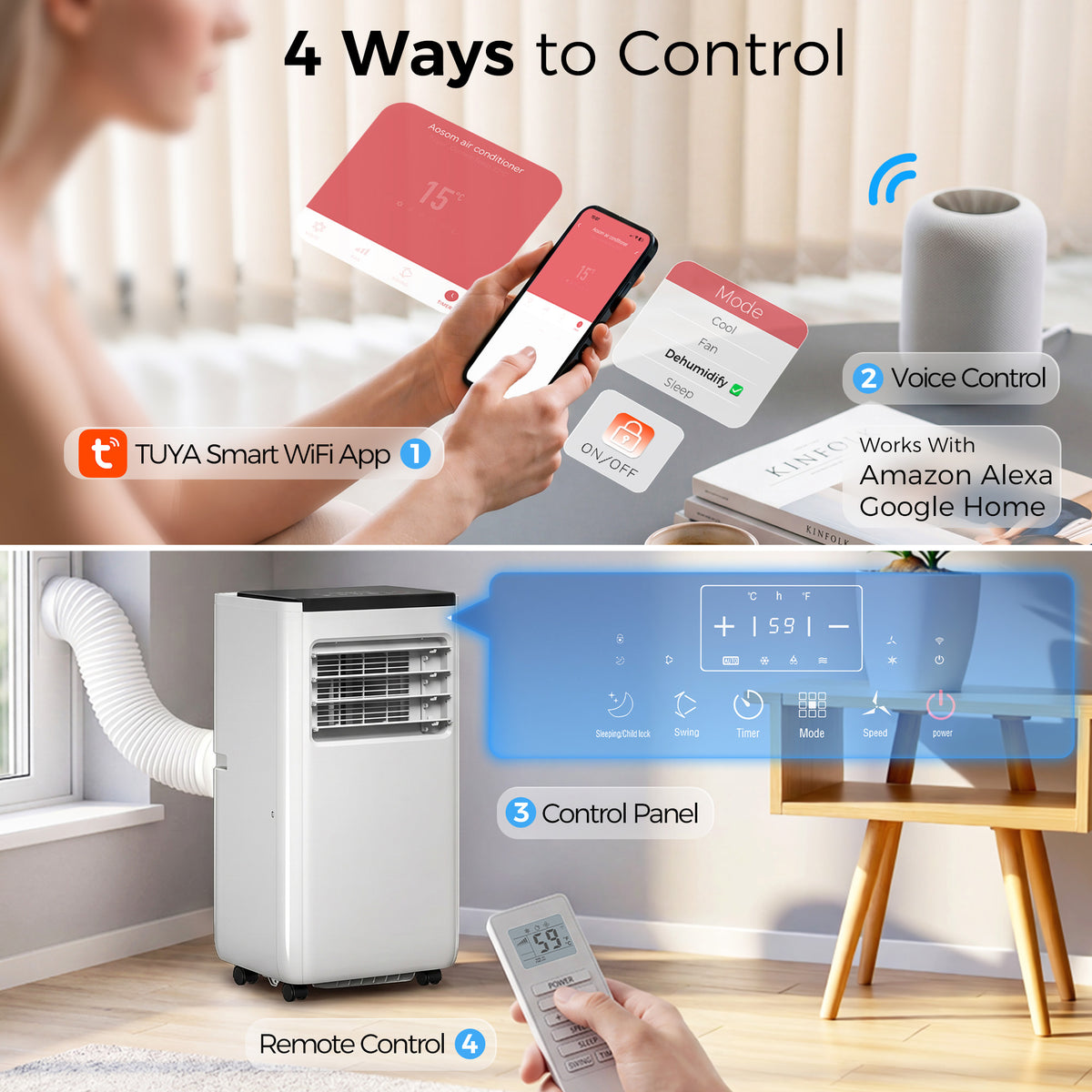 8000 BTU Portable 4-in-1 Air Conditioner - WiFi White 344 sq.ft.-Air Conditioner-DECOROLALA