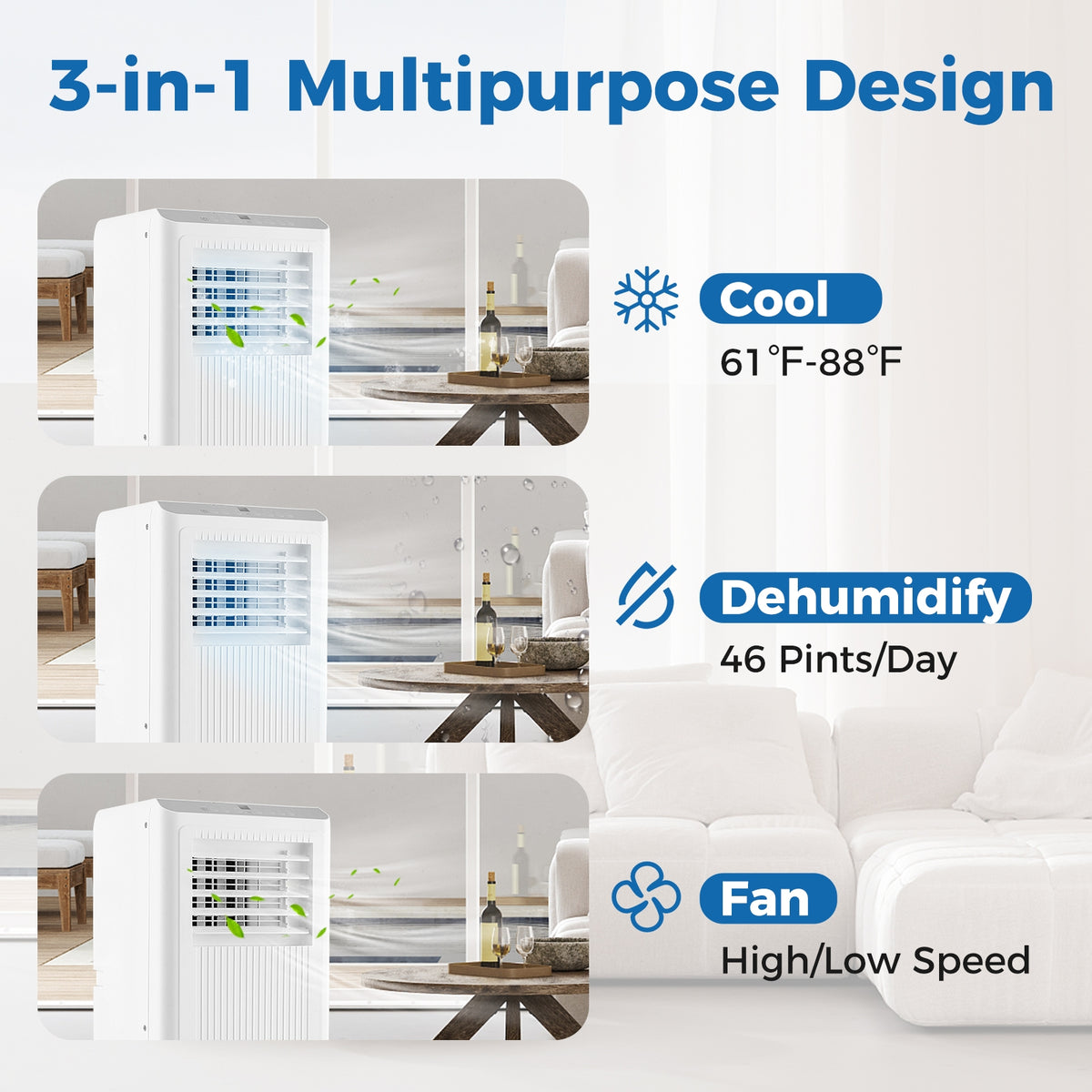 8000 BTU Portable Air Conditioner 3 in 1 AC Unit Fan and Dehumidifier-Portable Air Conditioners-DECOROLALA