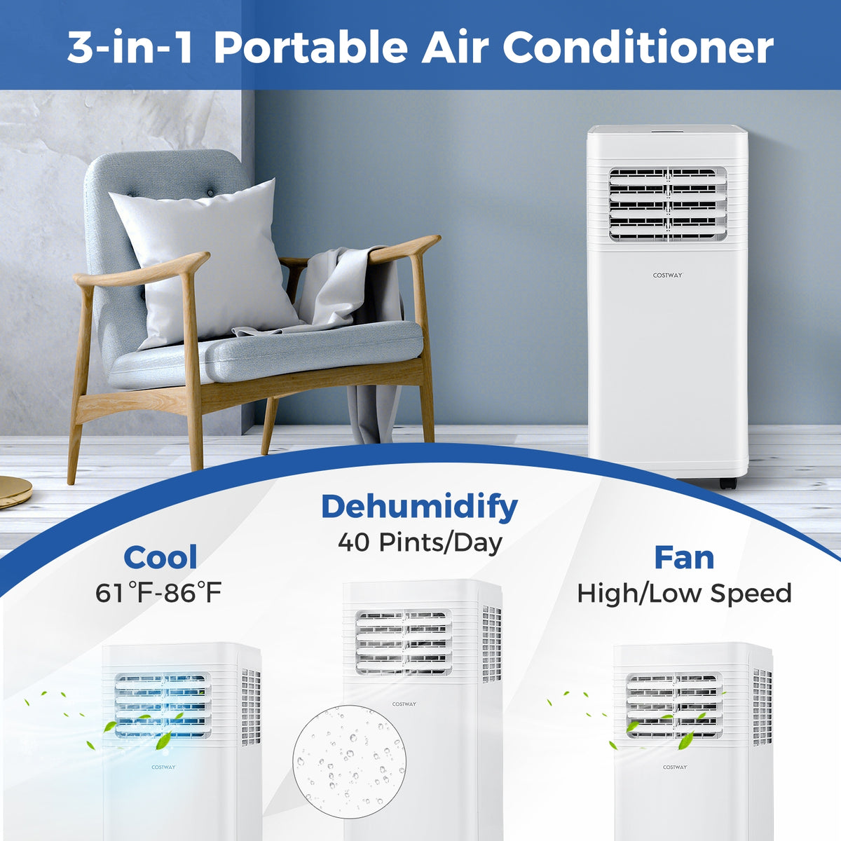 8000 BTU Portable Air Conditioner 3 in 1 AC Unit with Fan and Dehumidifier-Portable Air Conditioners-DECOROLALA