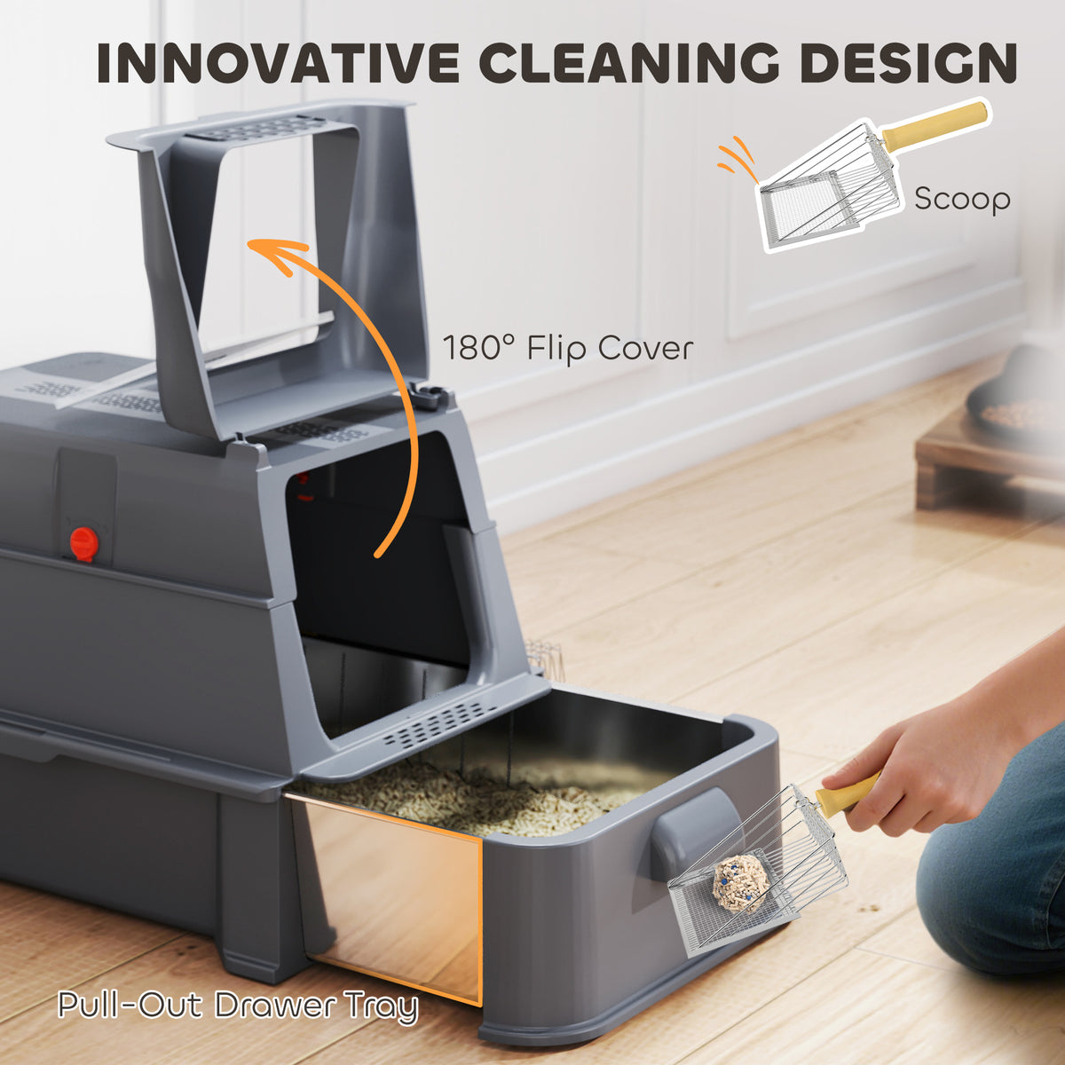 80L Stainless Steel Cat Litter Box with Drawer - Dark Grey-Cats-DECOROLALA