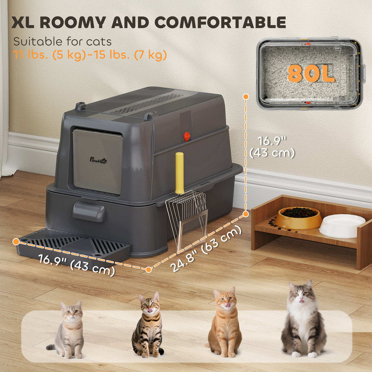 80L Stainless Steel Cat Litter Box with Drawer - Dark Grey-Cats-DECOROLALA