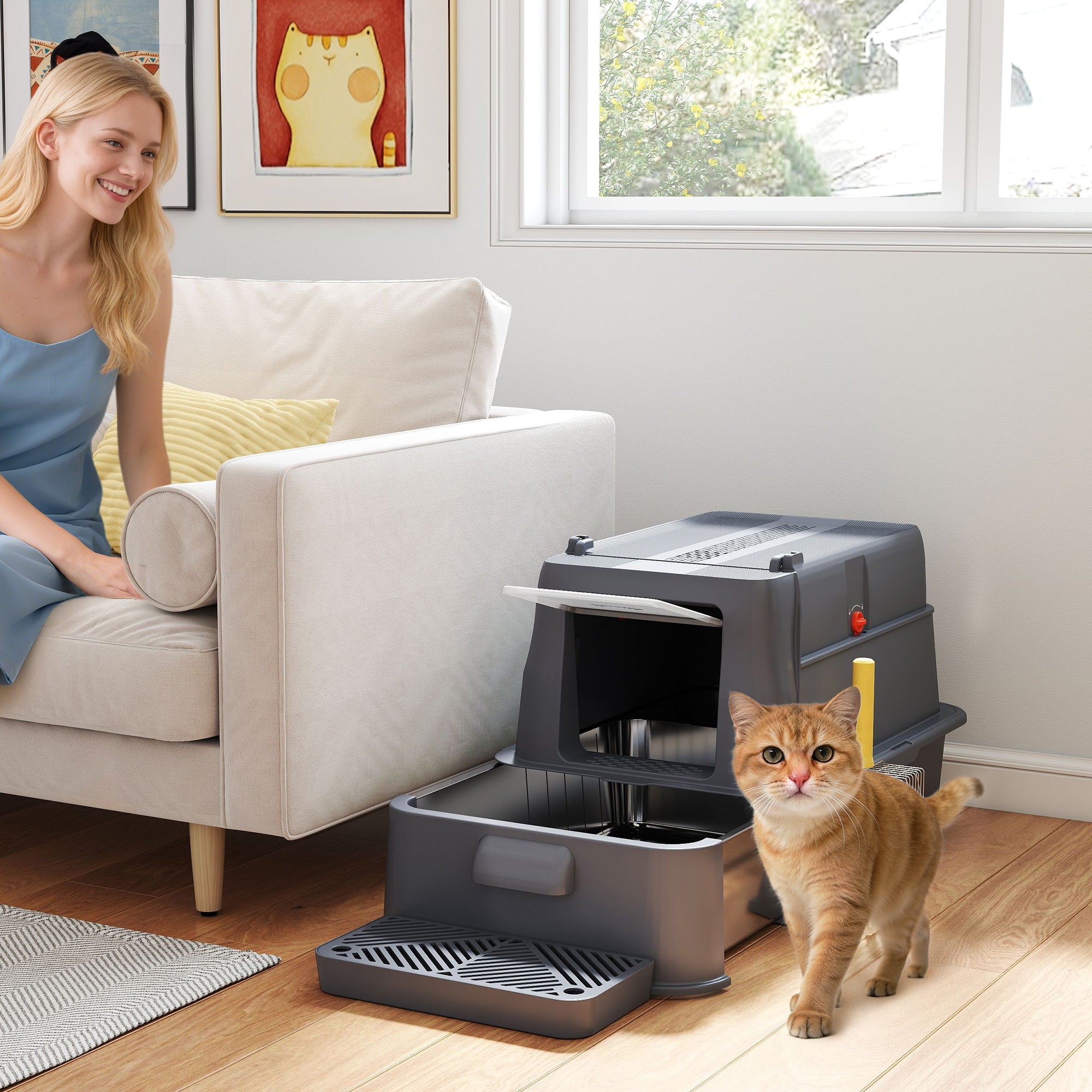 80L Stainless Steel Cat Litter Box with Drawer - Dark Grey-Cats-DECOROLALA