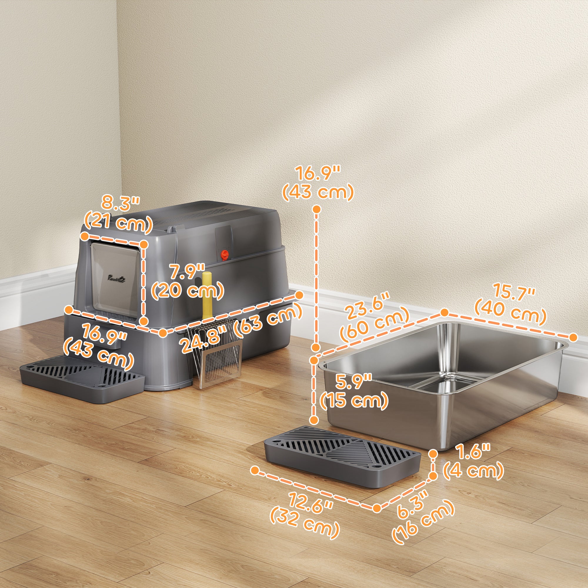 80L XL Stainless Steel Cat Litter Box for Big Cats with Flip Cover, Pull-Out Drawer Tray, High Sided, Pedal, Dark Grey-Cats-DECOROLALA