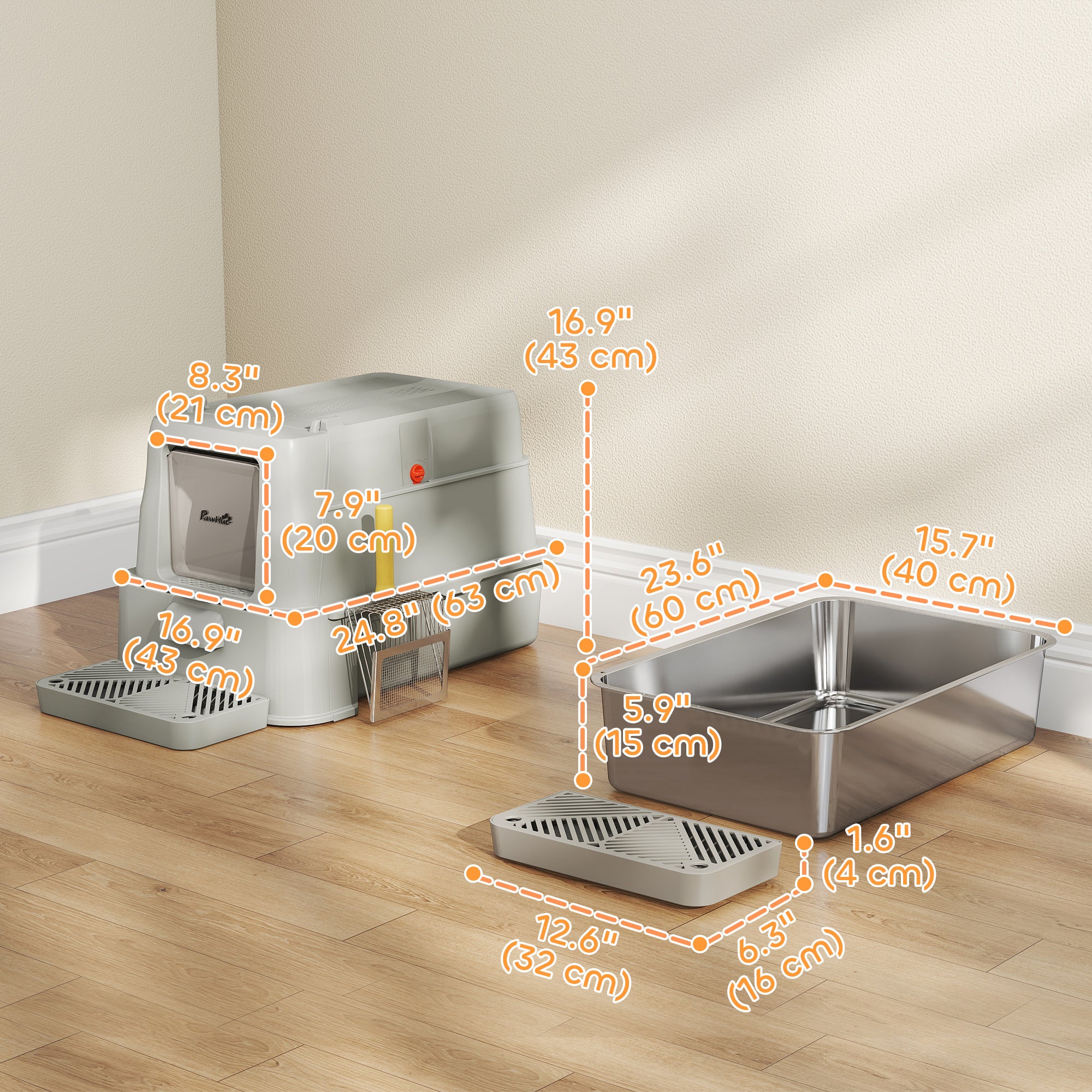 80L XL Stainless Steel Cat Litter Box for Big Cats with Flip Cover, Pull-Out Drawer Tray, High Sided, Pedal, Light Grey-Cats-DECOROLALA
