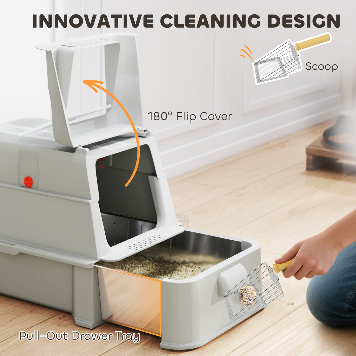 80L XL Stainless Steel Cat Litter Box with Drawer - Light Grey-Cats-DECOROLALA