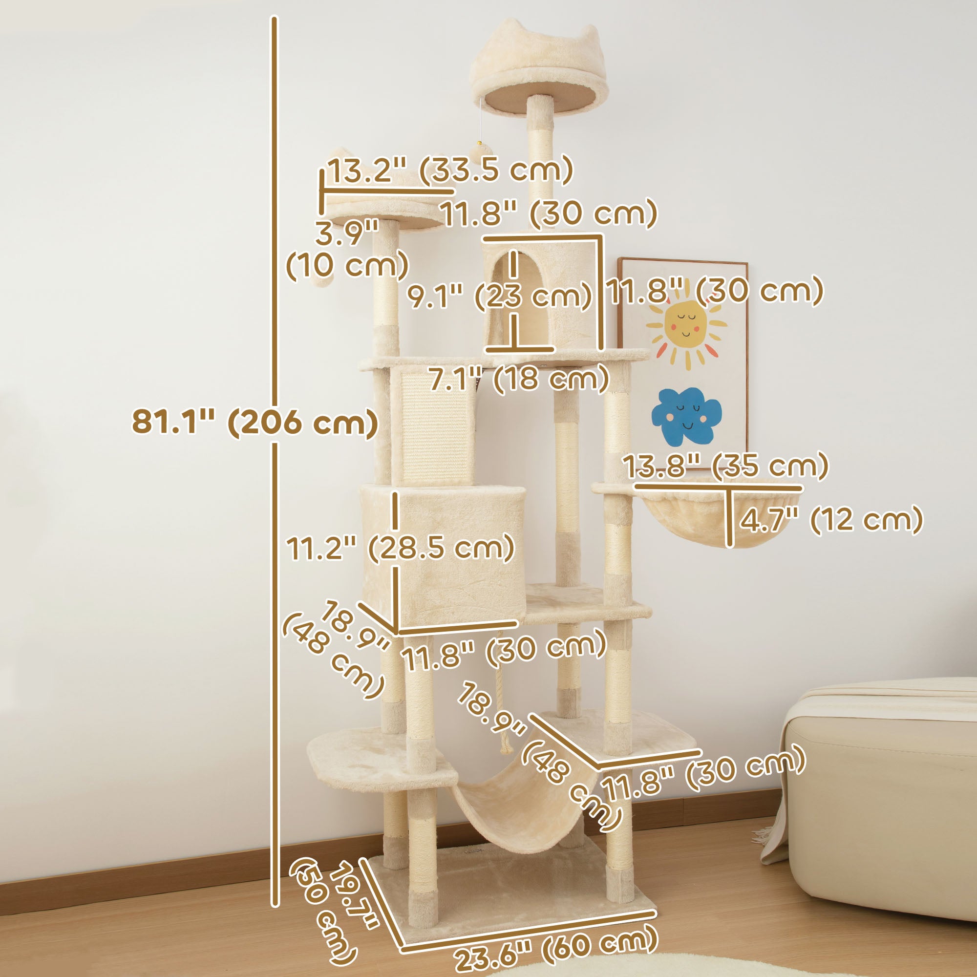 81" Large Cat Tree w/ Scratching Posts, Condos, Beds, Hammocks, Jumping Platforms, Toy Balls, Rope Cat Toy, Beige-Cats-DECOROLALA