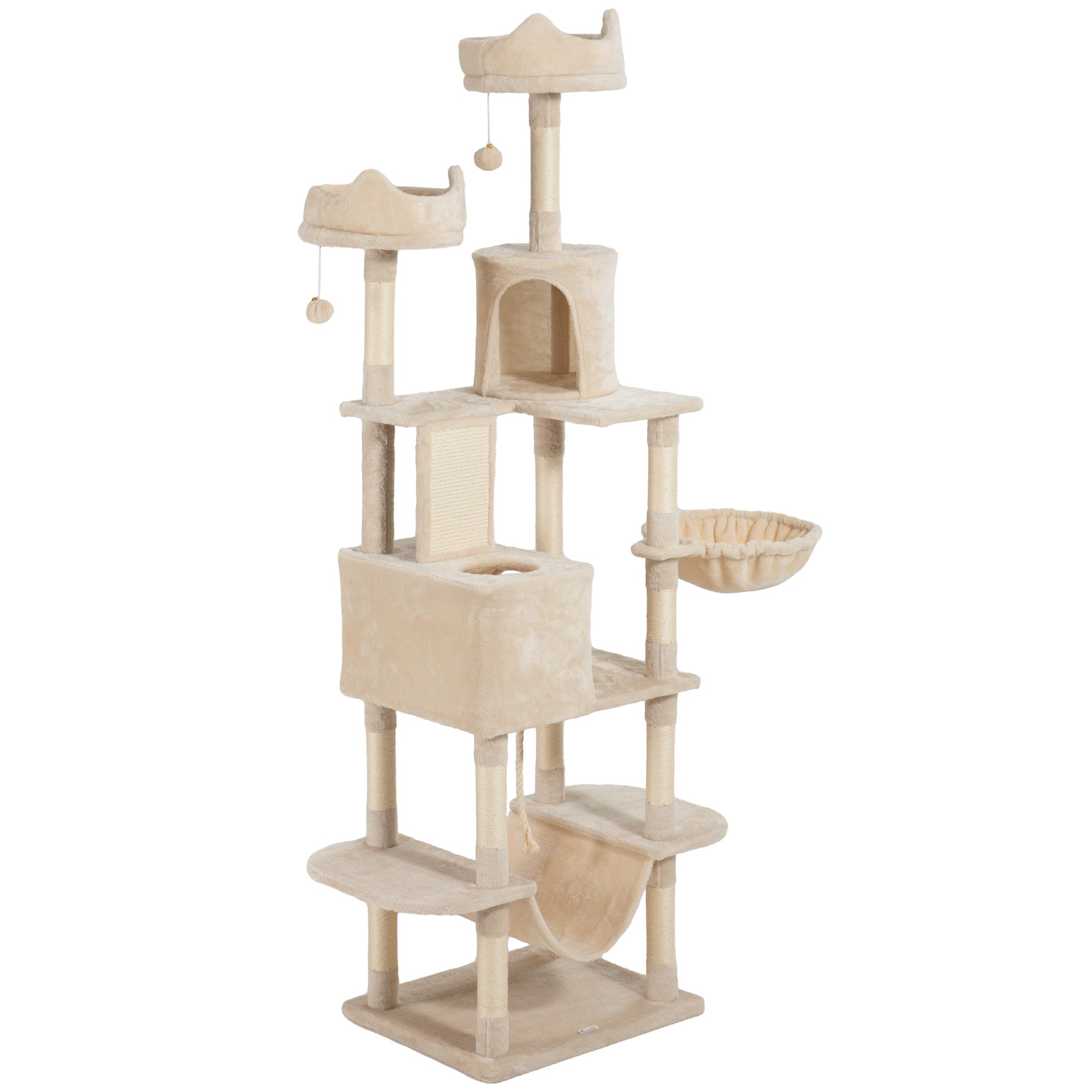 81" Large Cat Tree w/ Scratching Posts, Condos, Beds, Hammocks, Jumping Platforms, Toy Balls, Rope Cat Toy, Beige-Cats-DECOROLALA