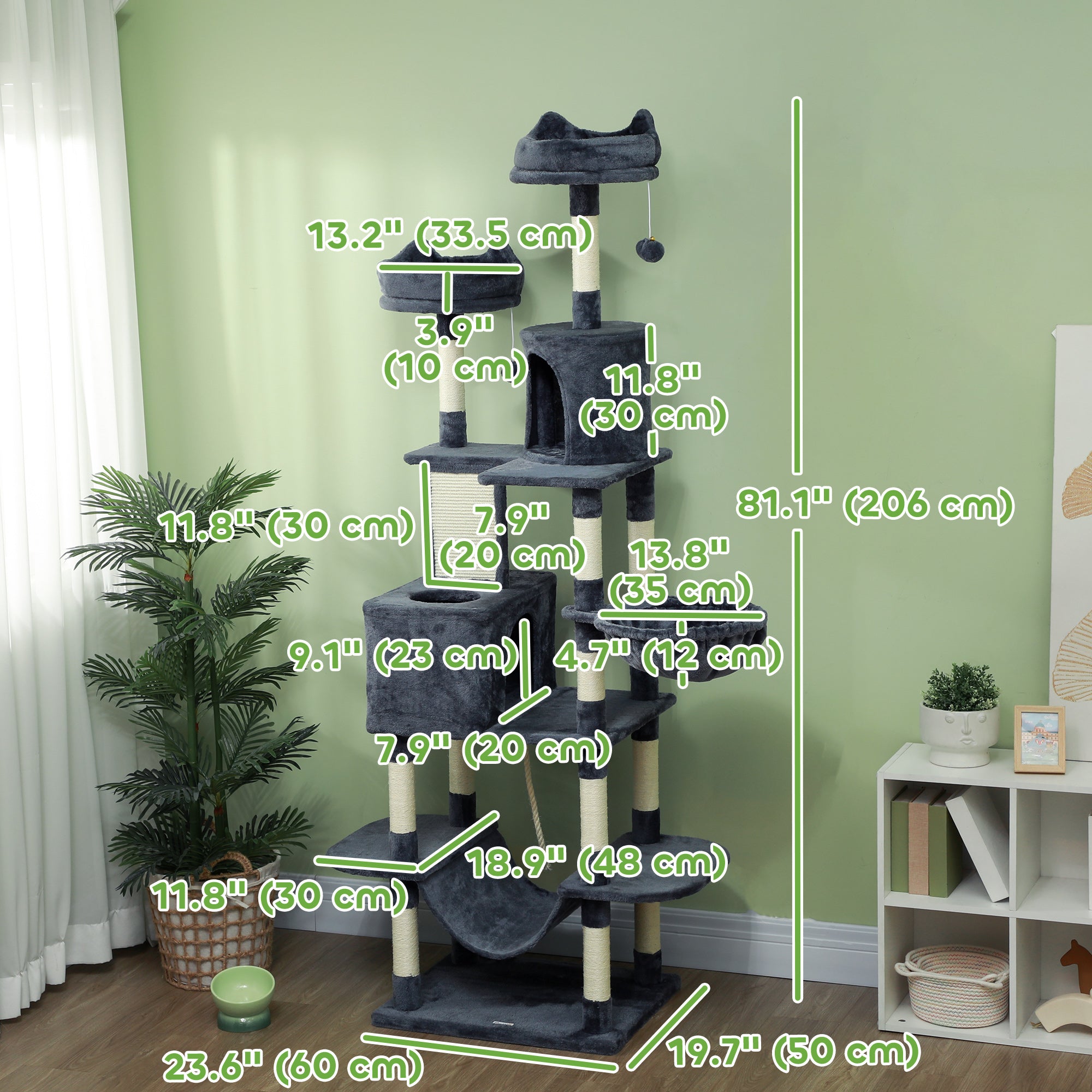 81" Large Cat Tree w/ Scratching Posts, Condos, Beds, Hammocks, Jumping Platforms, Toy Balls, Rope Cat Toy, Dark Grey-Cats-DECOROLALA