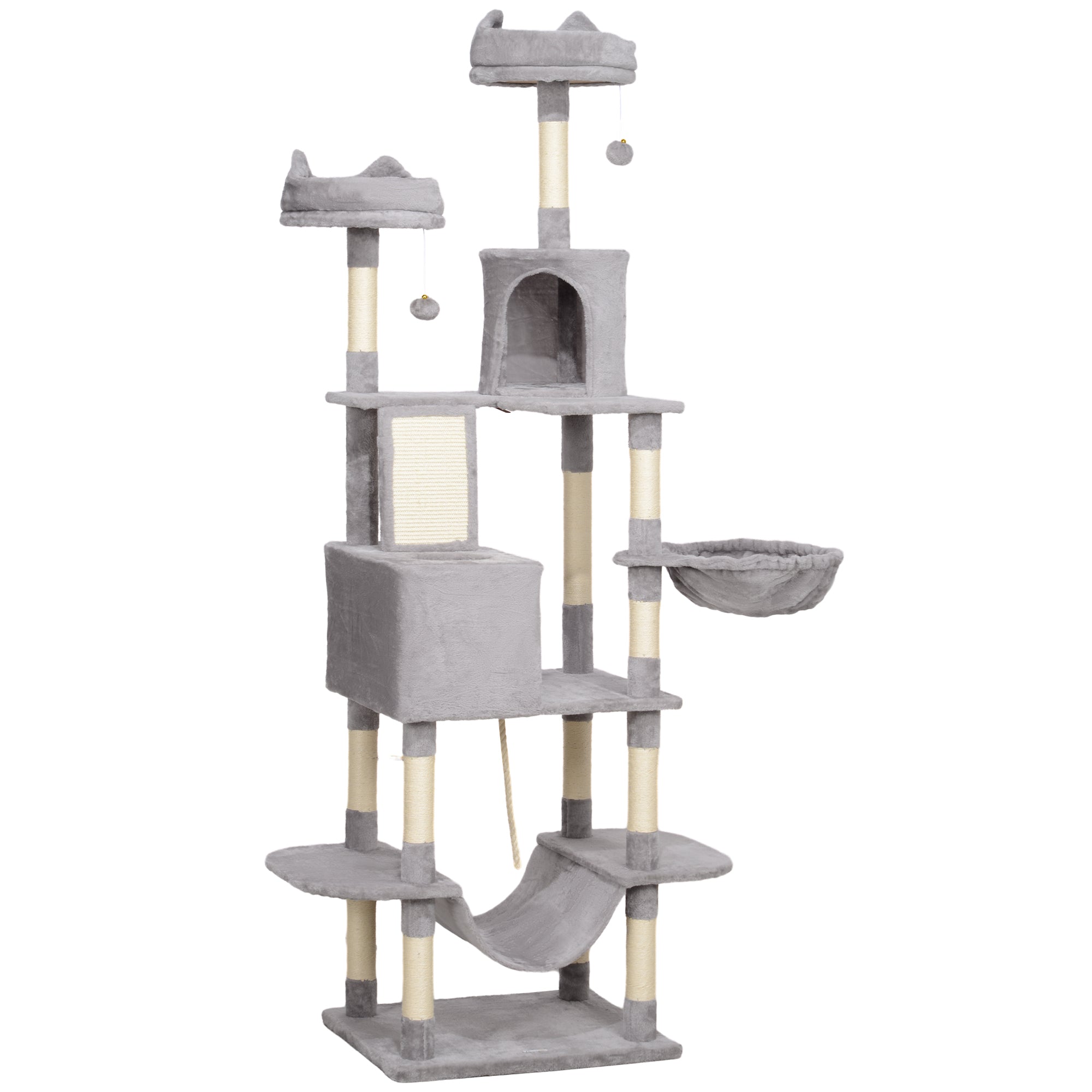 81" Large Cat Tree w/ Scratching Posts, Condos, Beds, Hammocks, Jumping Platforms, Toy Balls, Rope Cat Toy, Light Grey-Cats-DECOROLALA