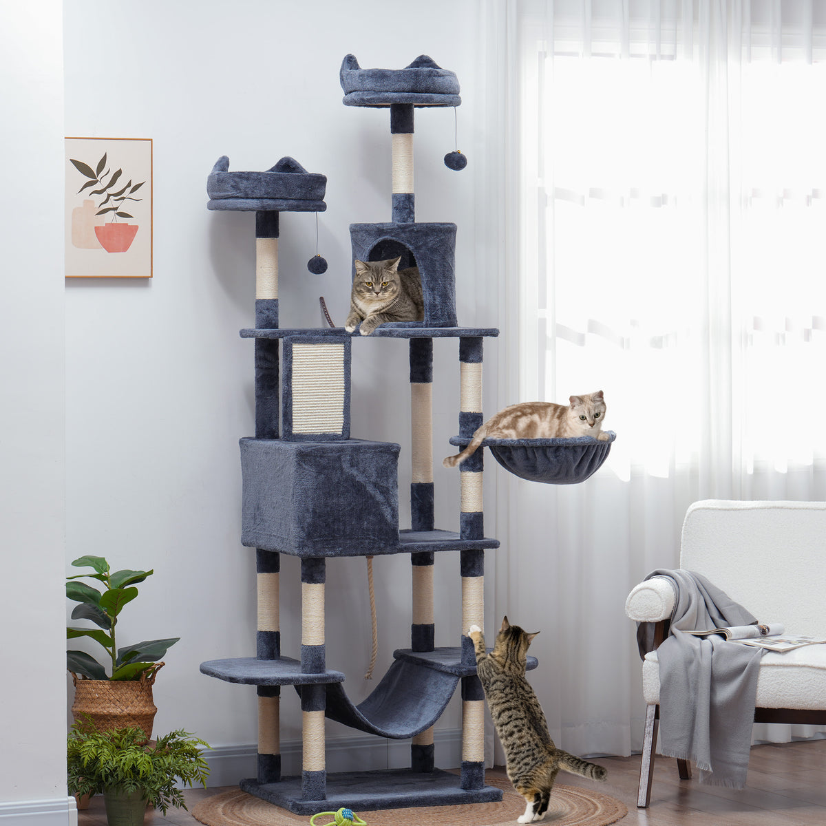 81" Large Cat Tree with Condos, Hammocks and Beds - Dark Grey-Cat Supplies-DECOROLALA