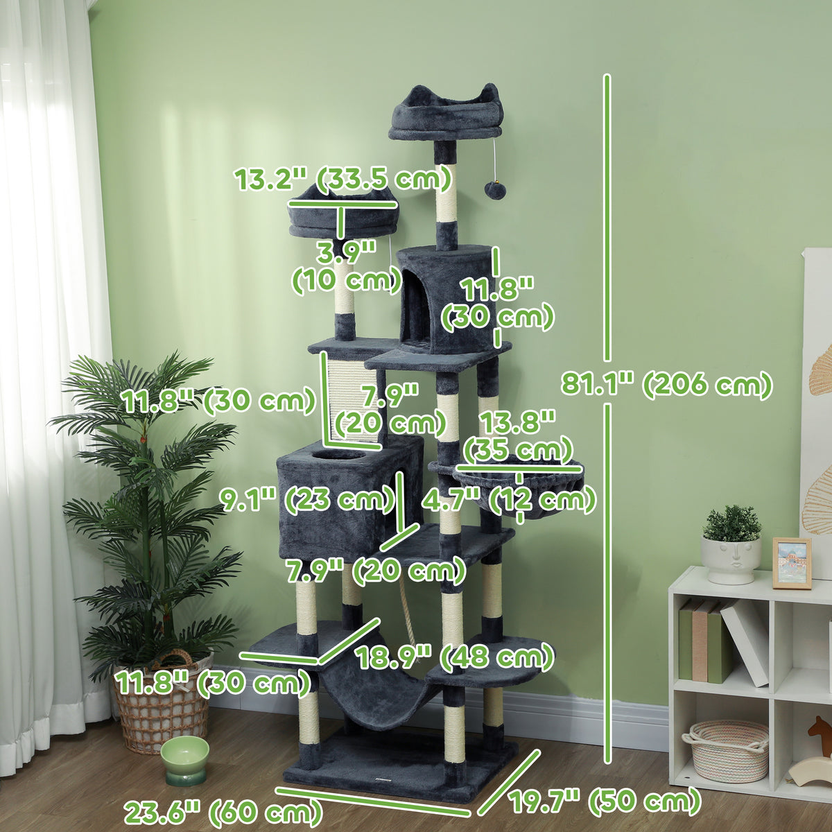 81" Large Cat Tree with Condos, Hammocks and Beds - Dark Grey-Cats-DECOROLALA