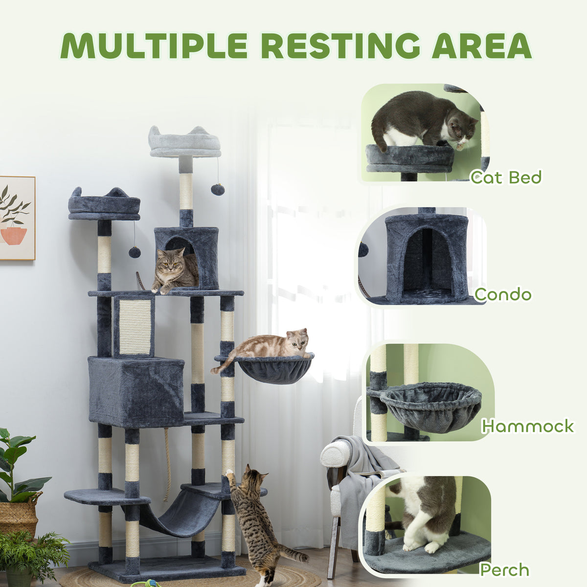 81" Large Cat Tree with Condos, Hammocks and Beds - Dark Grey-Cats-DECOROLALA