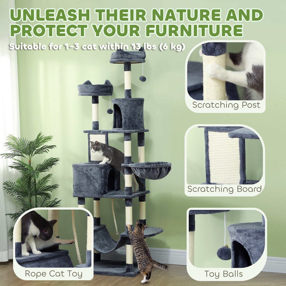 81" Large Cat Tree with Condos, Hammocks and Beds - Dark Grey-Cats-DECOROLALA