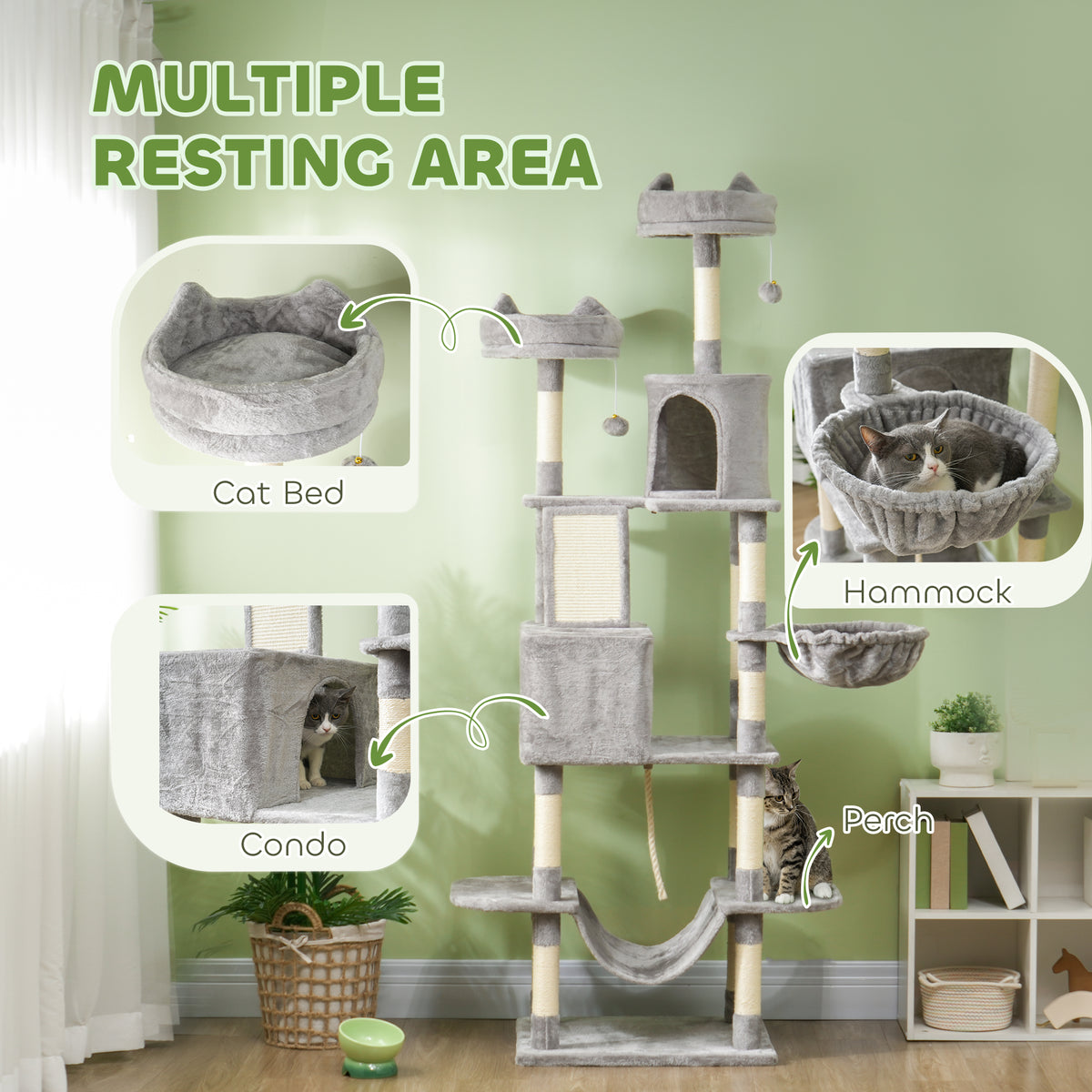 81" Large Cat Tree with Condos, Hammocks and Beds - Light Grey-Cats-DECOROLALA