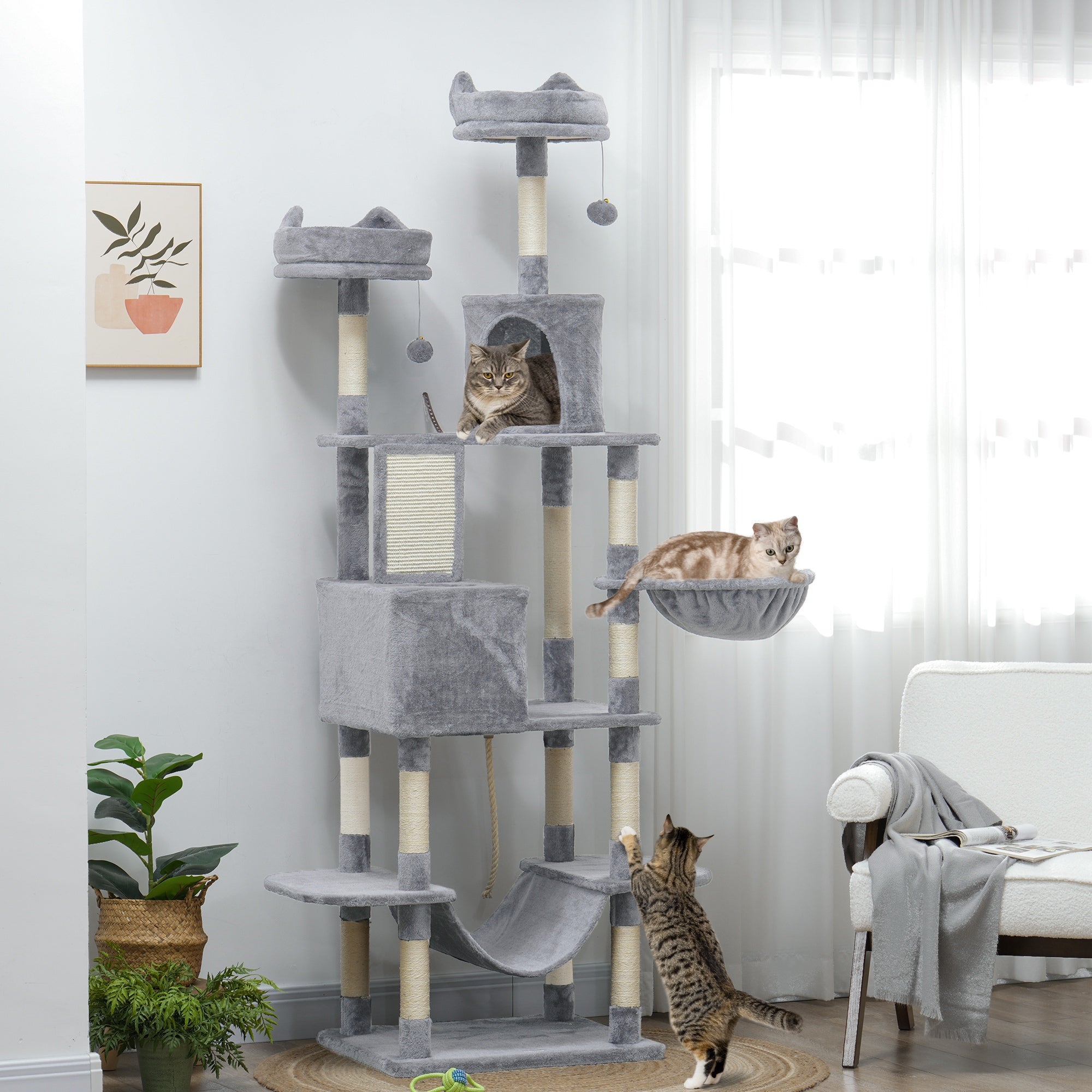 81" Large Cat Tree with Condos, Hammocks and Beds - Light Grey-Cats-DECOROLALA