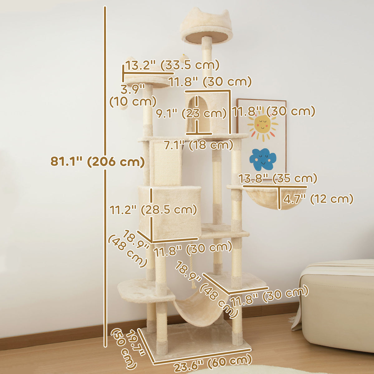 81" Large Cat Tree with Scratching Posts & Condos - Beige-Cats-DECOROLALA